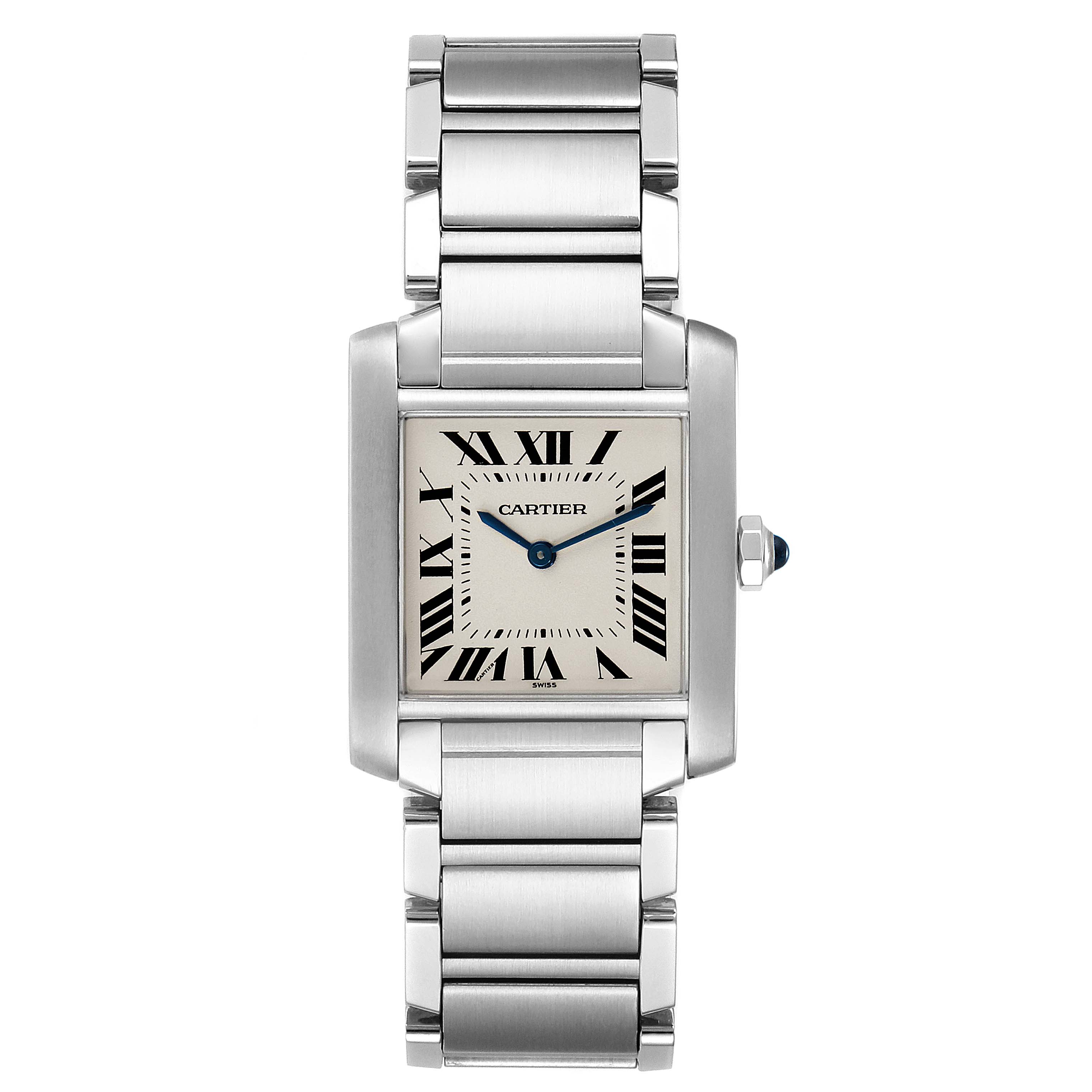 This image shows the front view of the Cartier Tank Francaise WSTA0005 Women
s Stainless Steel Silver Dial WSTA0005 Women
s Stainless Steel Silver Dial watch, highlighting the face, bezel, and bracelet.