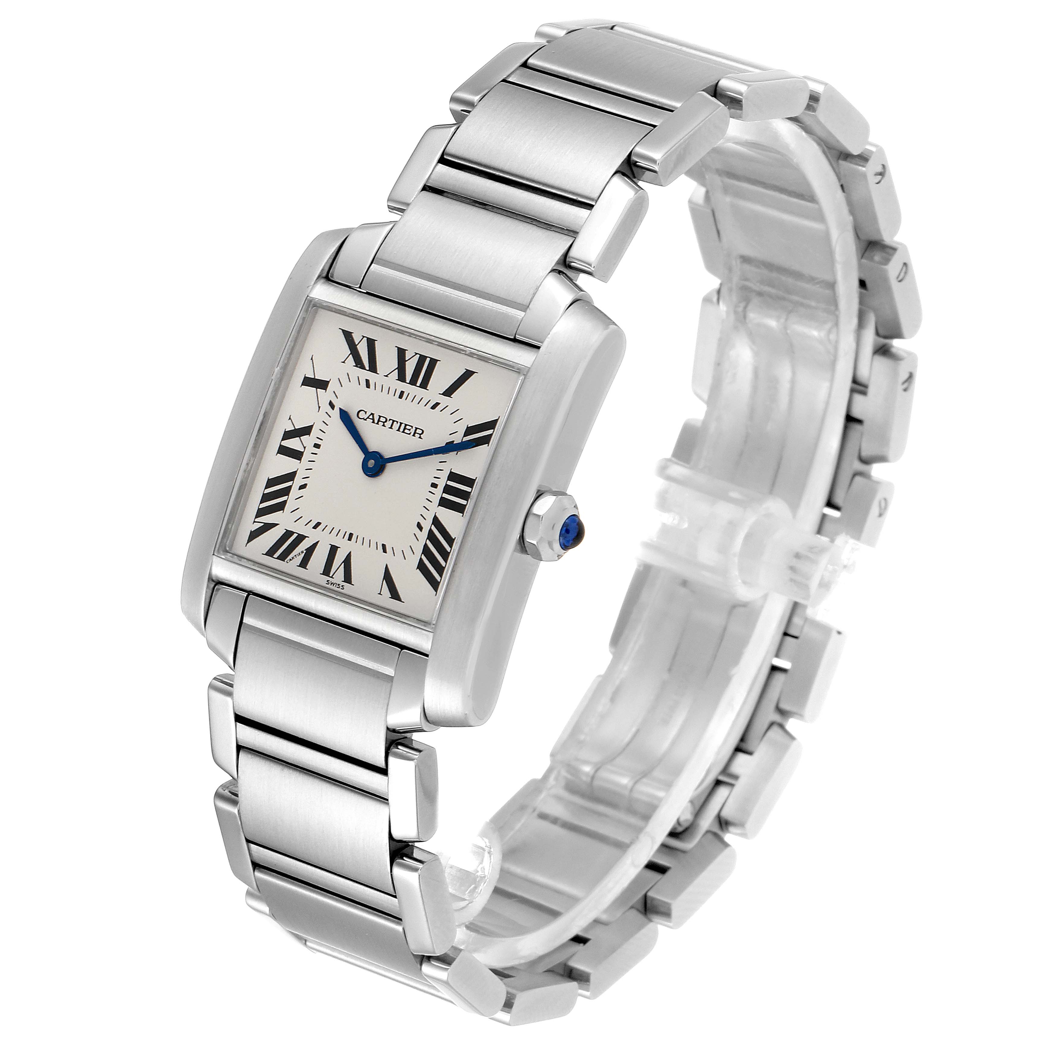 This Cartier Tank Francaise WSTA0005 Women
s Stainless Steel Silver Dial WSTA0005 Women
s Stainless Steel Silver Dial watch is shown at a three-quarter angle, displaying its rectangular face, Roman numerals, and linked stainless steel bracelet.