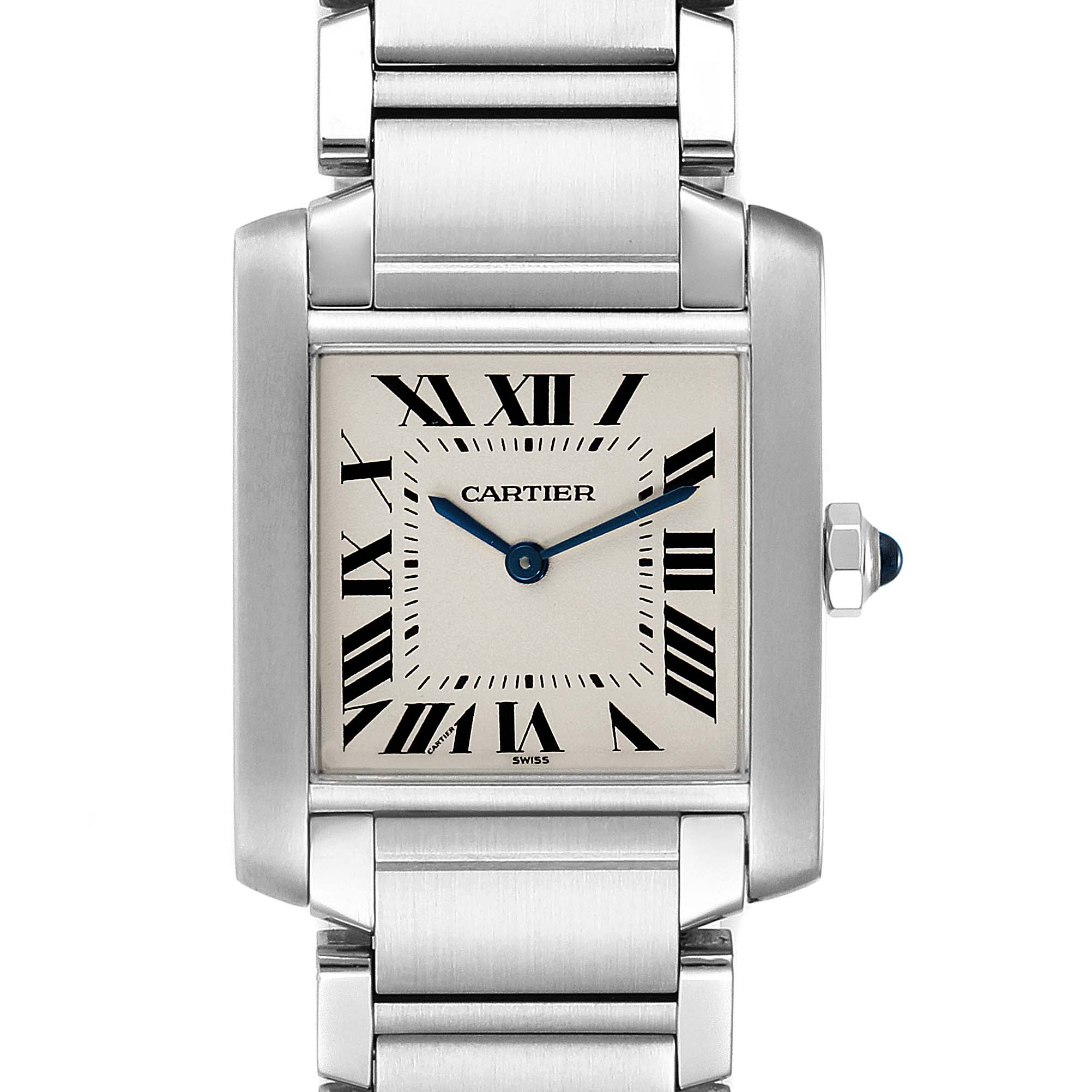 The image shows a front view of the Cartier Tank Francaise WSTA0005 Women
s Stainless Steel Silver Dial WSTA0005 Women
s Stainless Steel Silver Dial, highlighting its rectangular case, Roman numeral dial, and stainless steel bracelet.