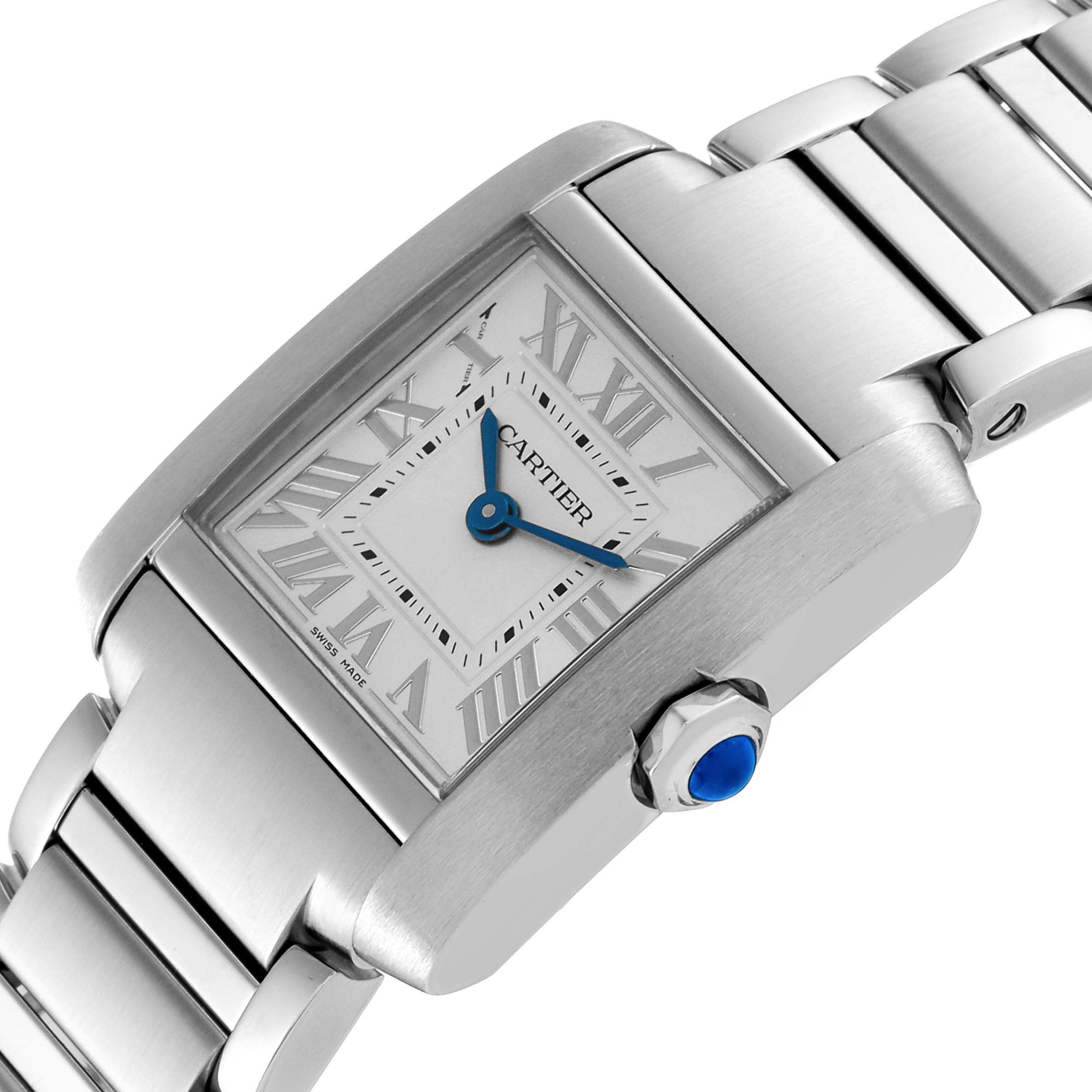 This image shows the Cartier Tank Francaise WSTA0065 Women
s Stainless Steel Silver Dial WSTA0065 Women
s Stainless Steel Silver Dial watch from a slight angled top view, highlighting its face, bracelet, and crown.
