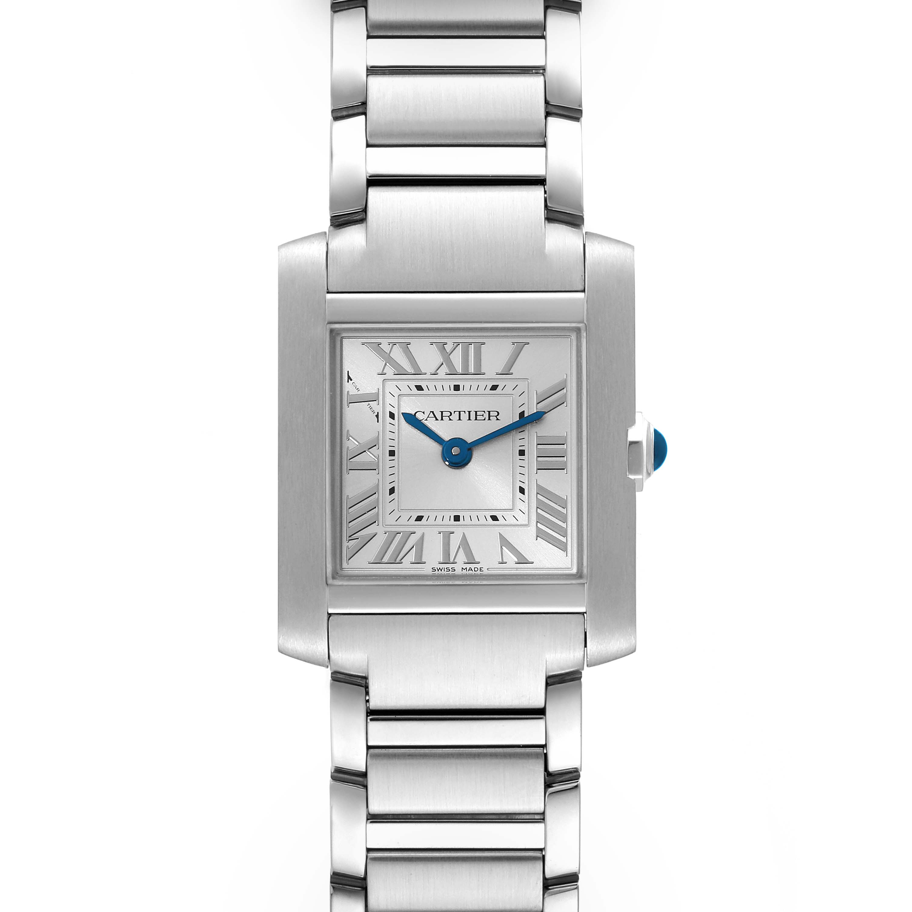This Cartier Tank Francaise WSTA0065 Women
s Stainless Steel Silver Dial WSTA0065 Women
s Stainless Steel Silver Dial watch is shown from a front angle, displaying its rectangular face, Roman numerals, and metal bracelet.
