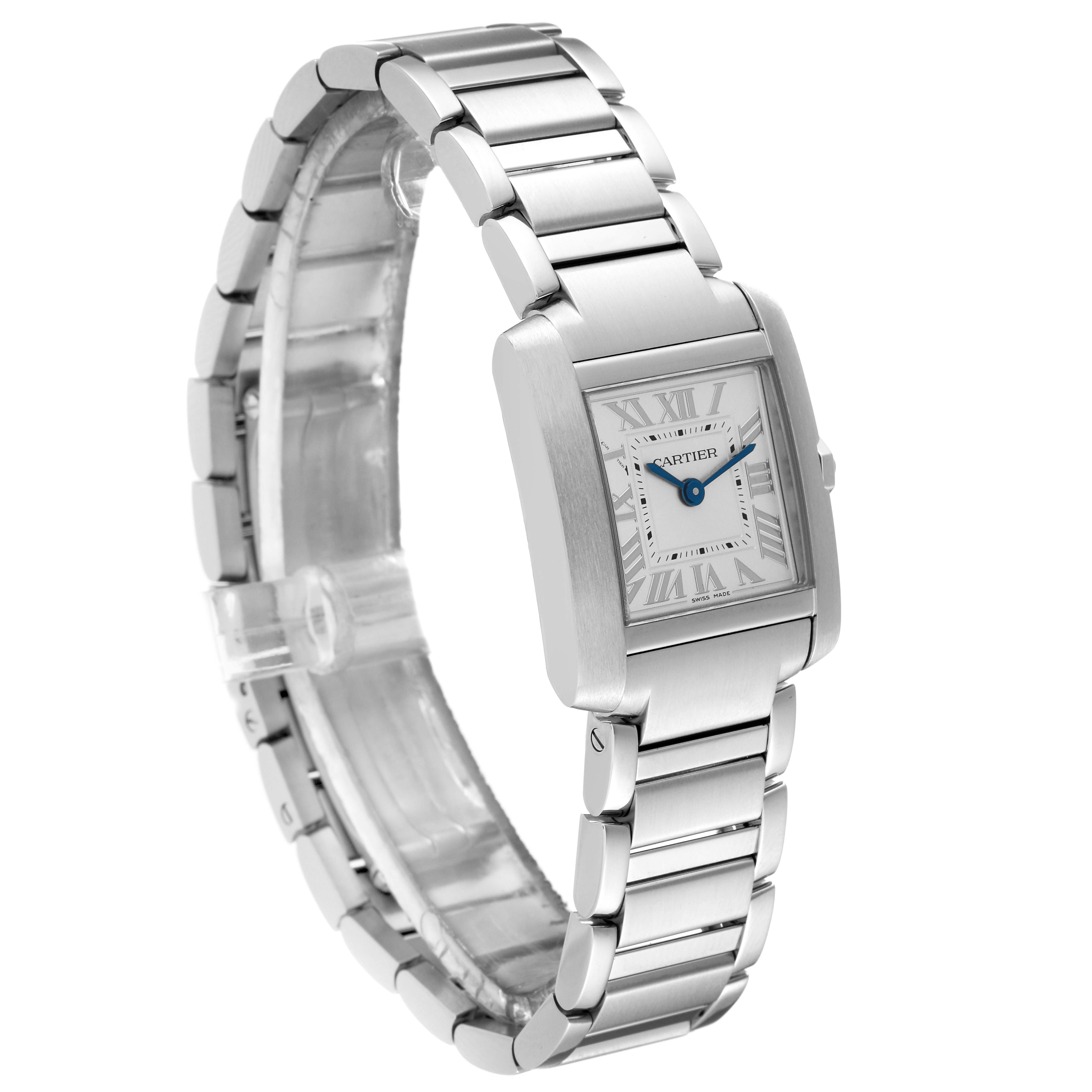 The Cartier Tank Francaise WSTA0065 Women
s Stainless Steel Silver Dial WSTA0065 Women
s Stainless Steel Silver Dial watch is shown at a slight angle, highlighting the face, bracelet, and clasp.