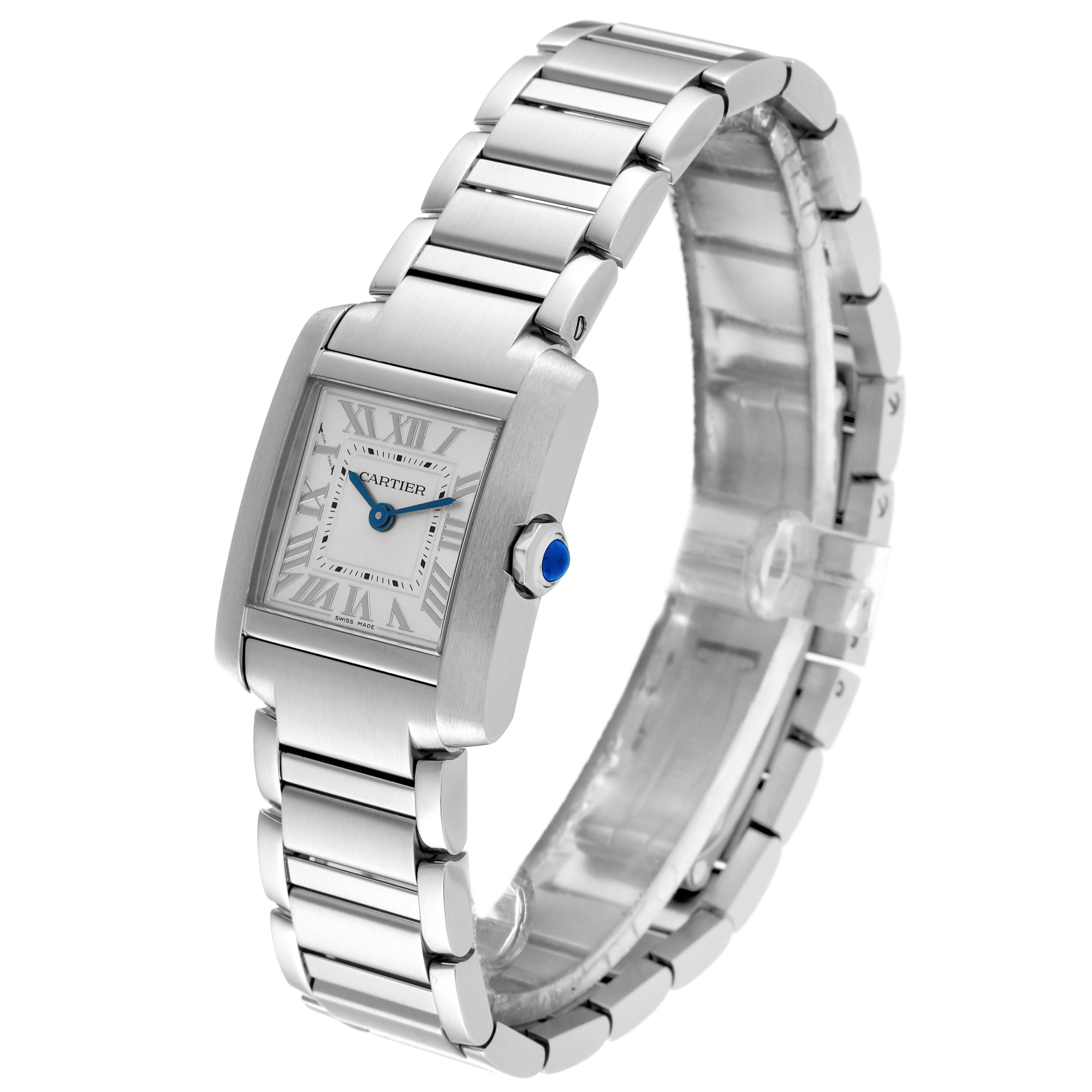 The Cartier Tank Francaise WSTA0065 Women
s Stainless Steel Silver Dial WSTA0065 Women
s Stainless Steel Silver Dial watch is shown at a three-quarter angle displaying its face, bracelet, and crown.