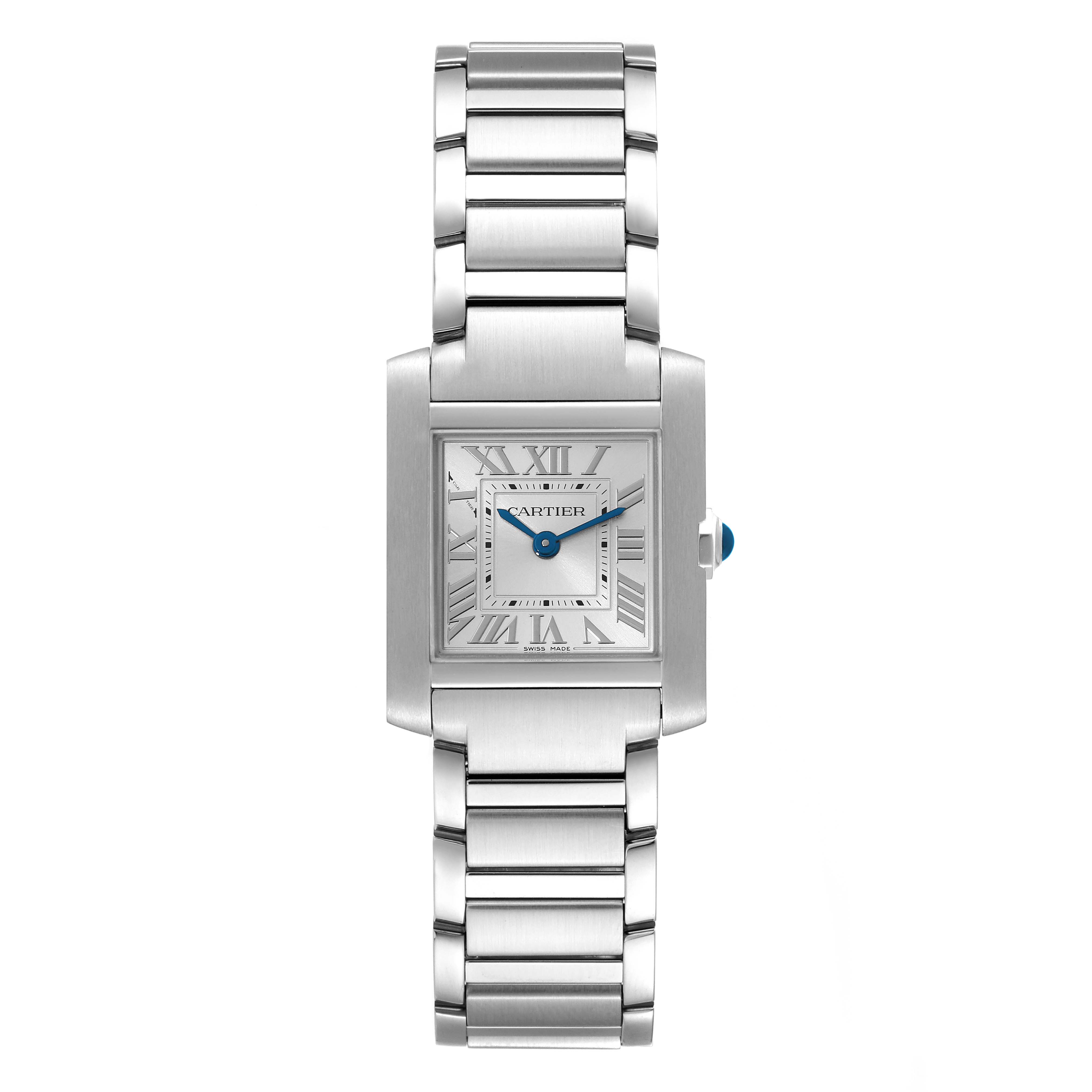 This image shows a frontal view of the Cartier Tank Francaise WSTA0065 Women
s Stainless Steel Silver Dial WSTA0065 Women
s Stainless Steel Silver Dial watch including its face, bracelet, and crown.