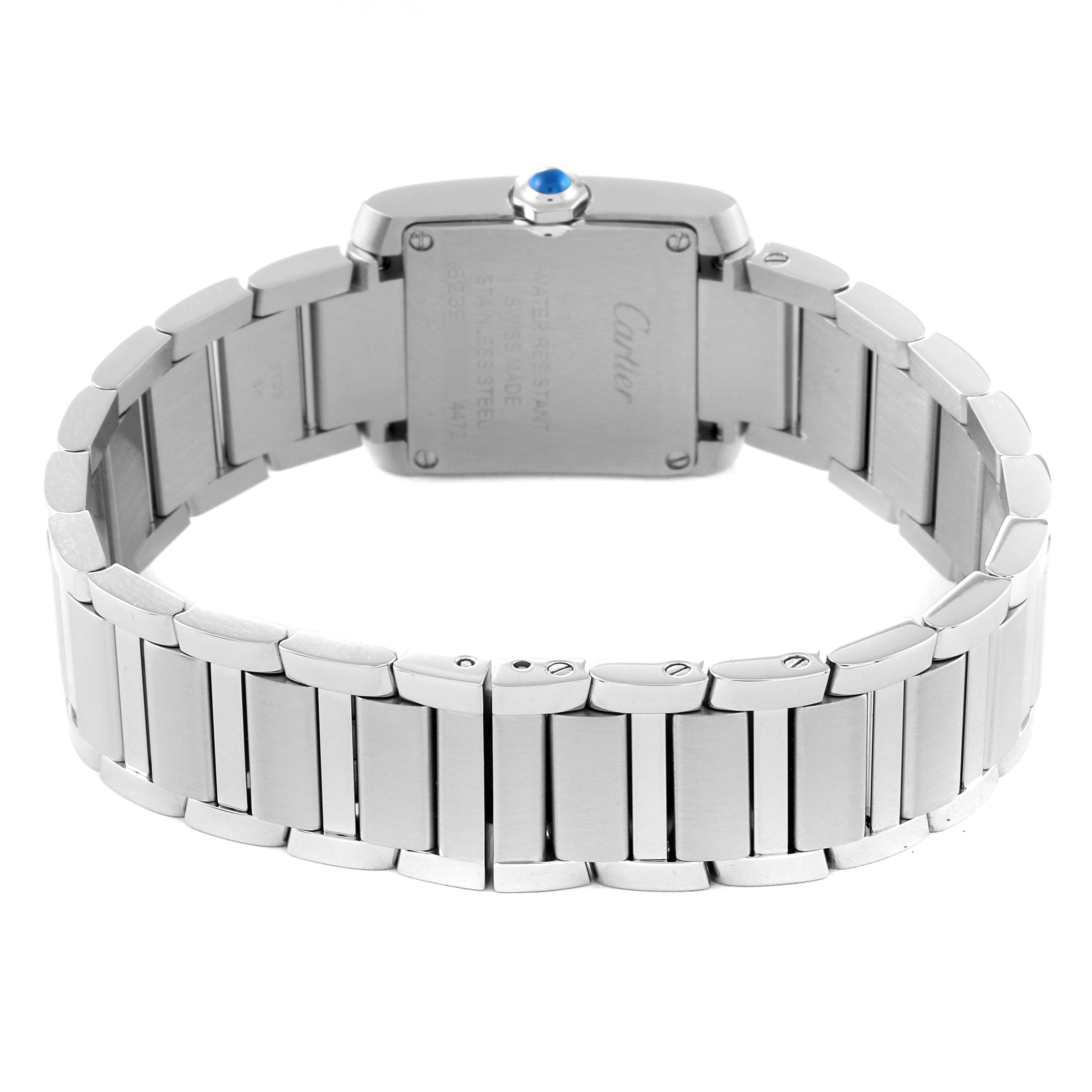 The image shows a rear view of the Cartier Tank Francaise WSTA0065 Women
s Stainless Steel Silver Dial WSTA0065 Women
s Stainless Steel Silver Dial watch, highlighting the back case, bracelet, and crown with a blue cabochon.
