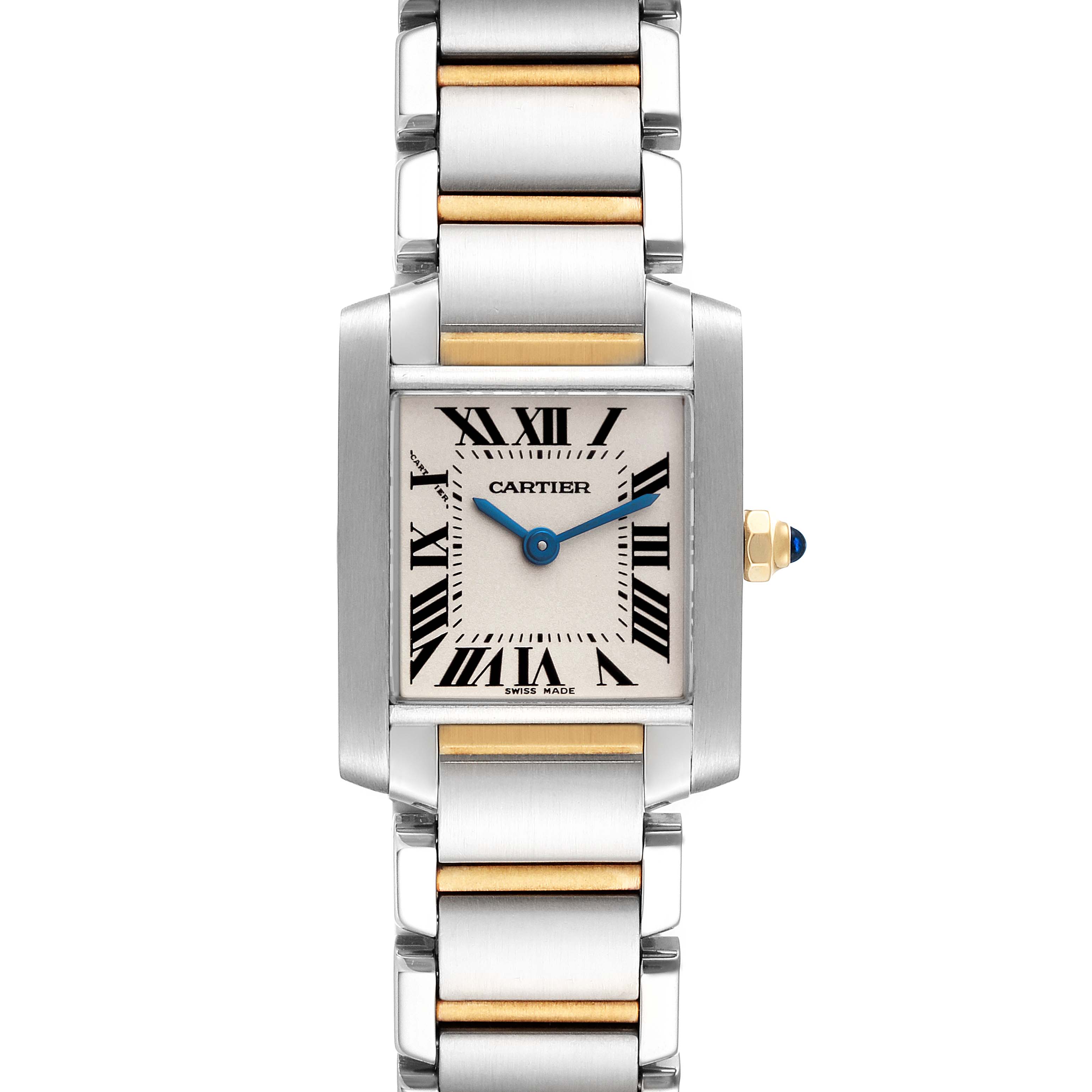 The image shows a front view of a Cartier Tank Francaise W51007Q4 Women's Steel and Gold (two tone) Silver Dial W51007Q4 Women's Steel and Gold (two tone) Silver Dial watch, displaying its face, bracelet, and crown.