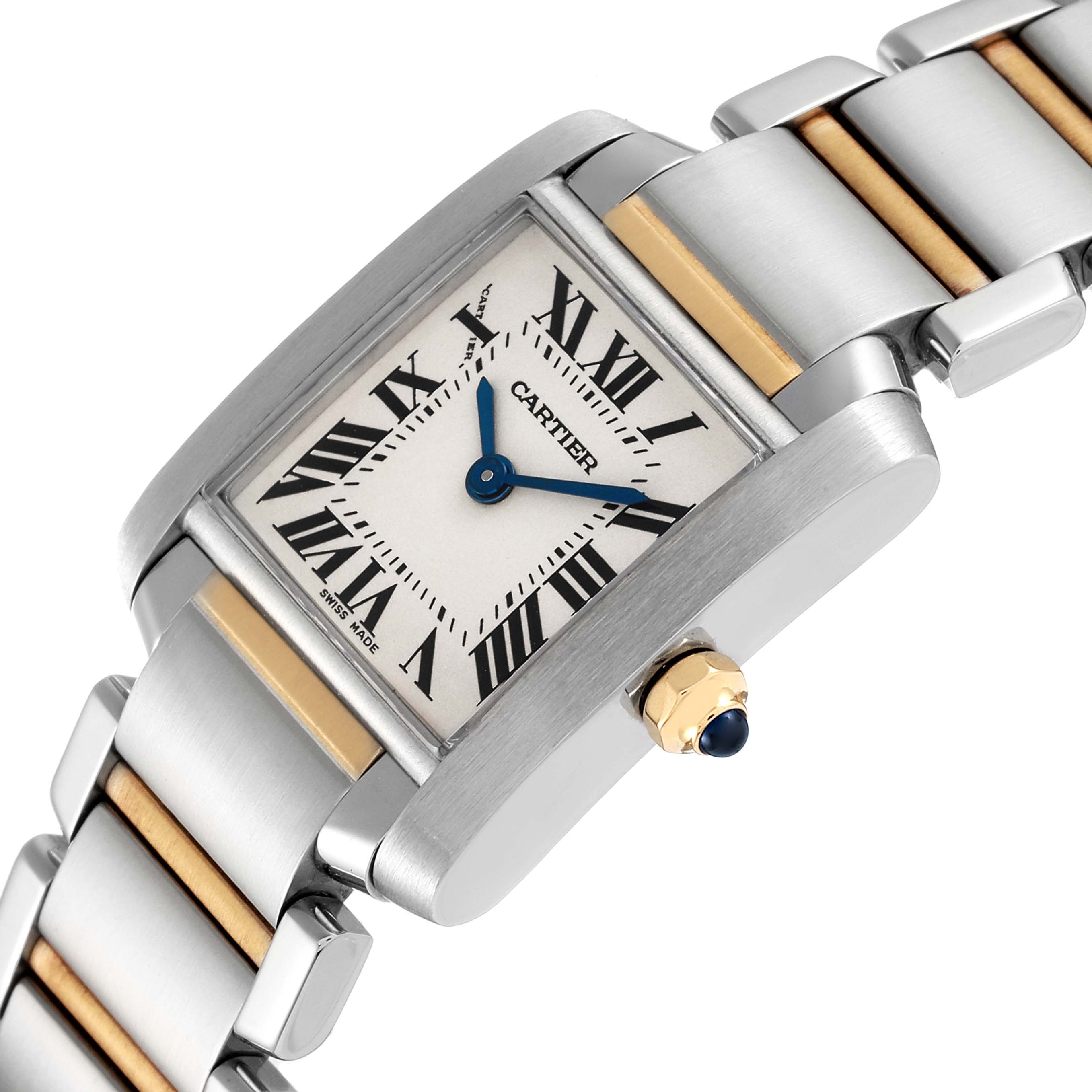 This image shows a Cartier Tank Française watch from an angled top view, highlighting the dial, bracelet, and crown.