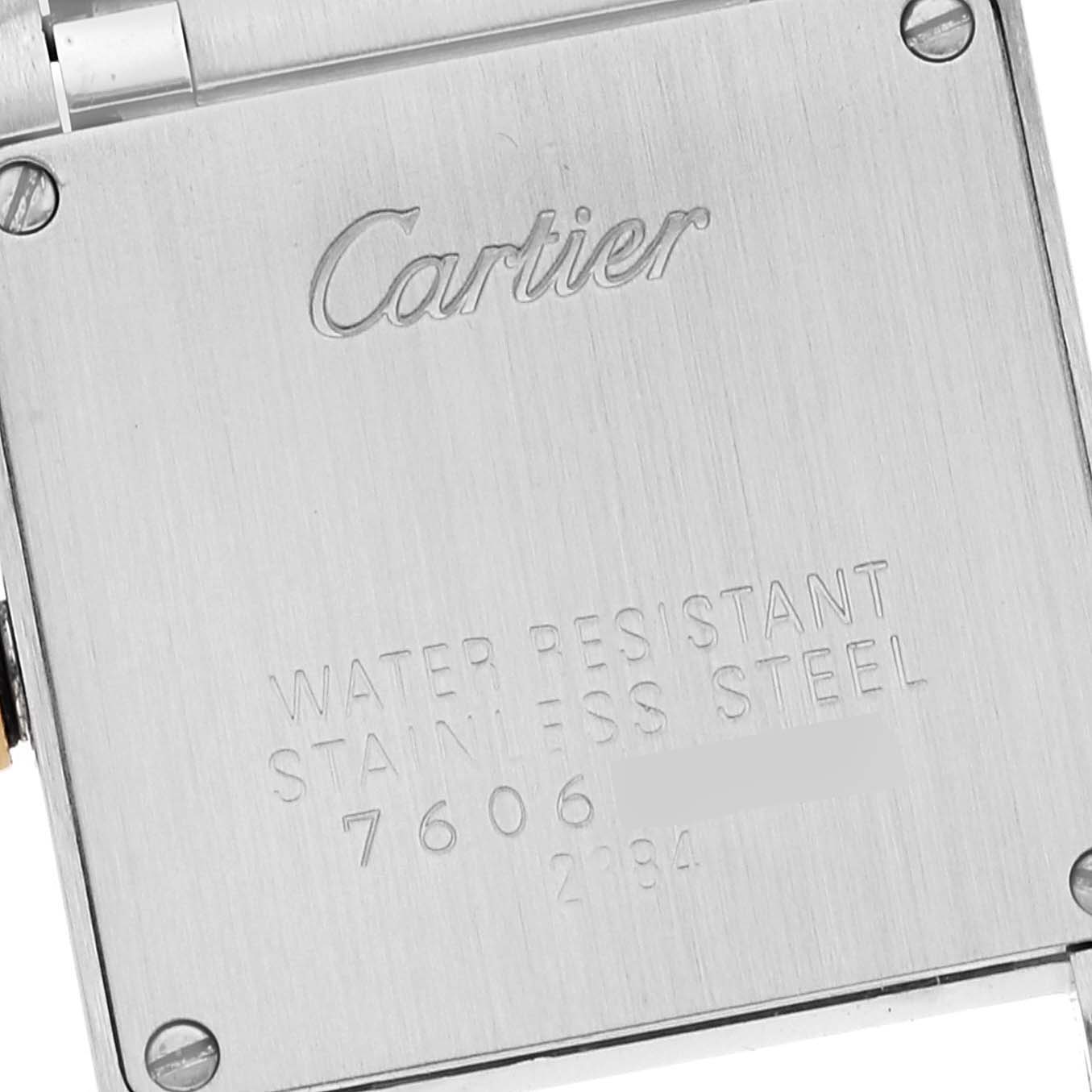 This image shows the back casing of a Cartier Tank Francaise W51007Q4 Women's Steel and Gold (two tone) Silver Dial W51007Q4 Women's Steel and Gold (two tone) Silver Dial watch, highlighting its water resistance and stainless steel material.