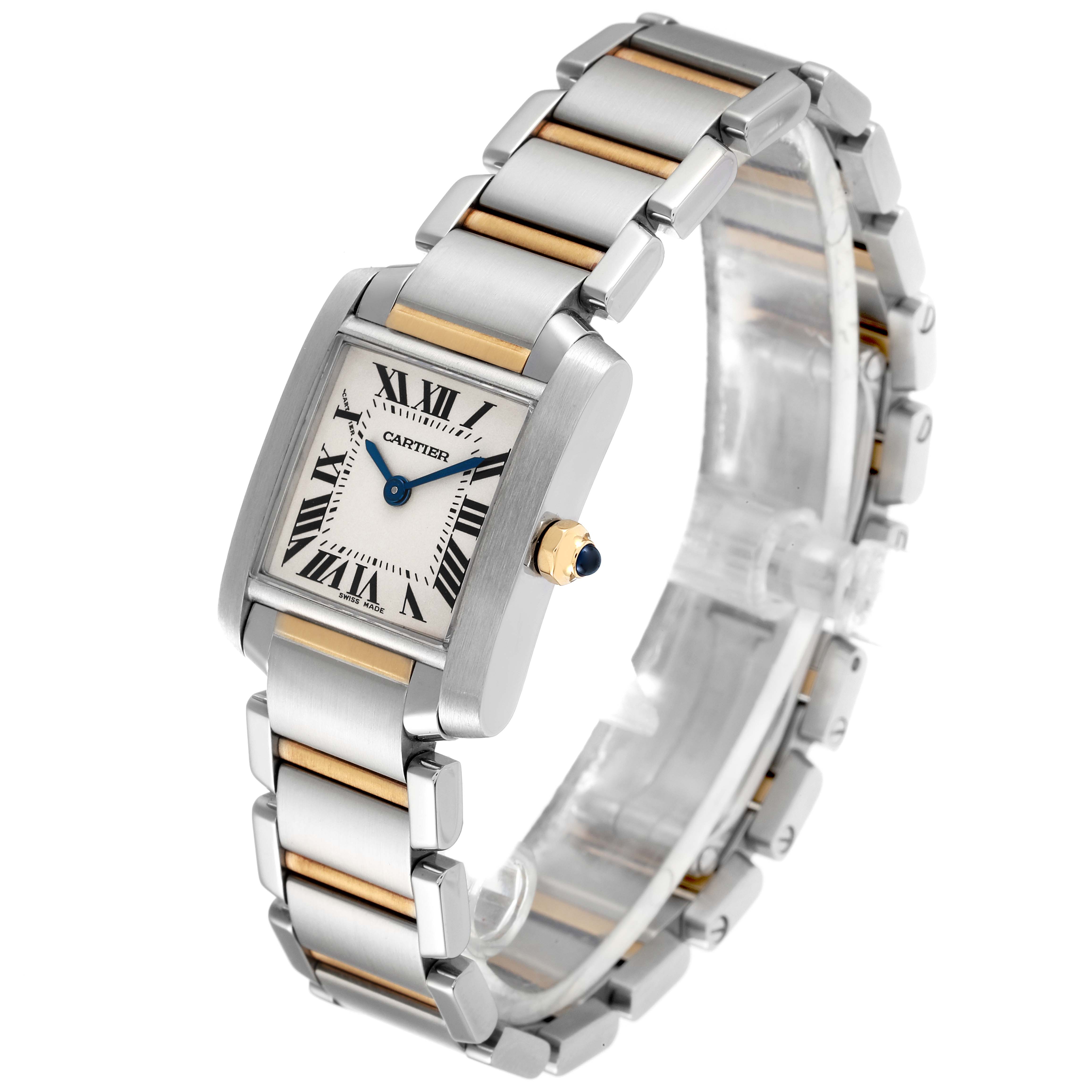 The image shows a Tank Francaise model by Cartier from a three-quarter angle, highlighting its two-tone bracelet and rectangular face.