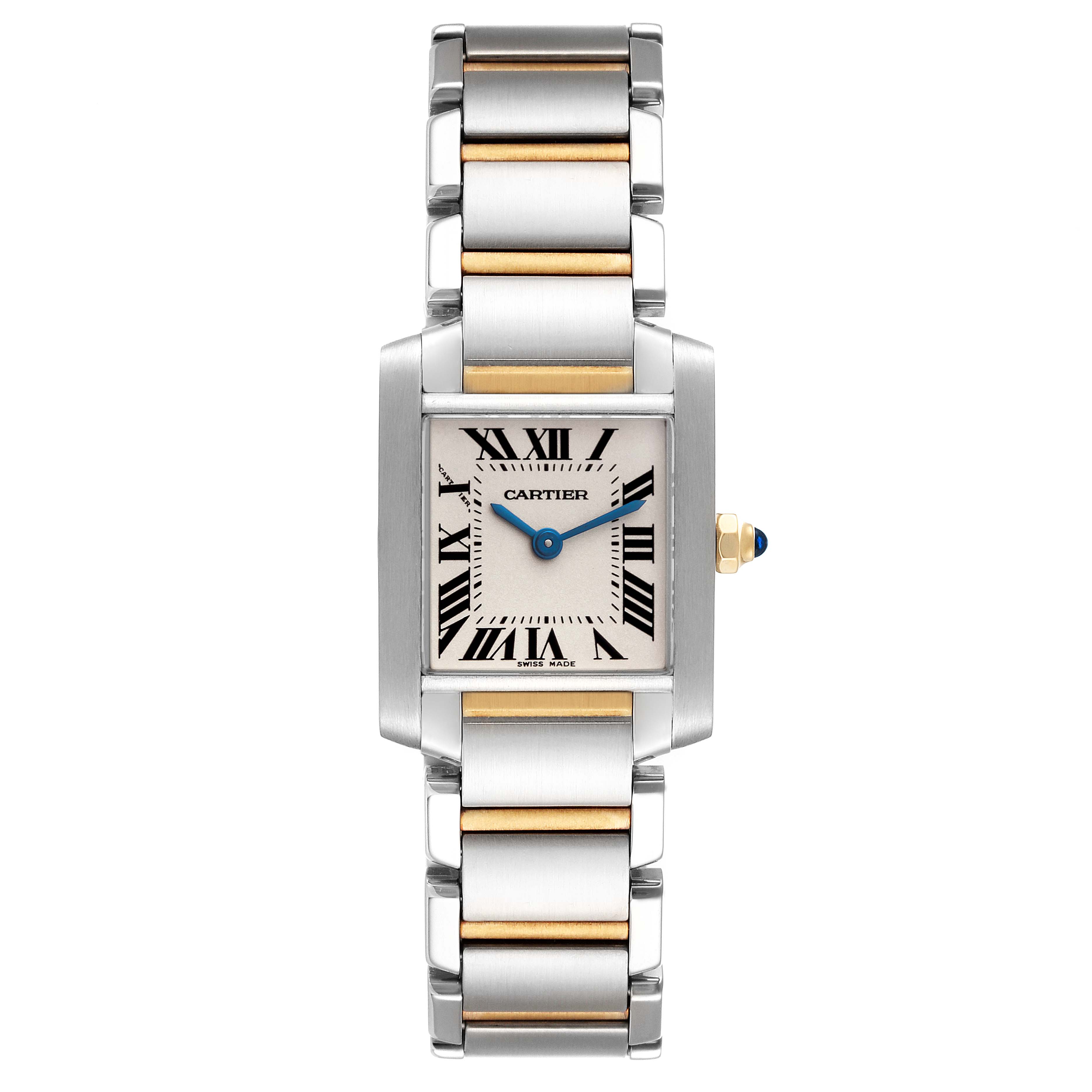 This image shows a front view of a Cartier Tank Française watch, displaying the dial and bracelet.