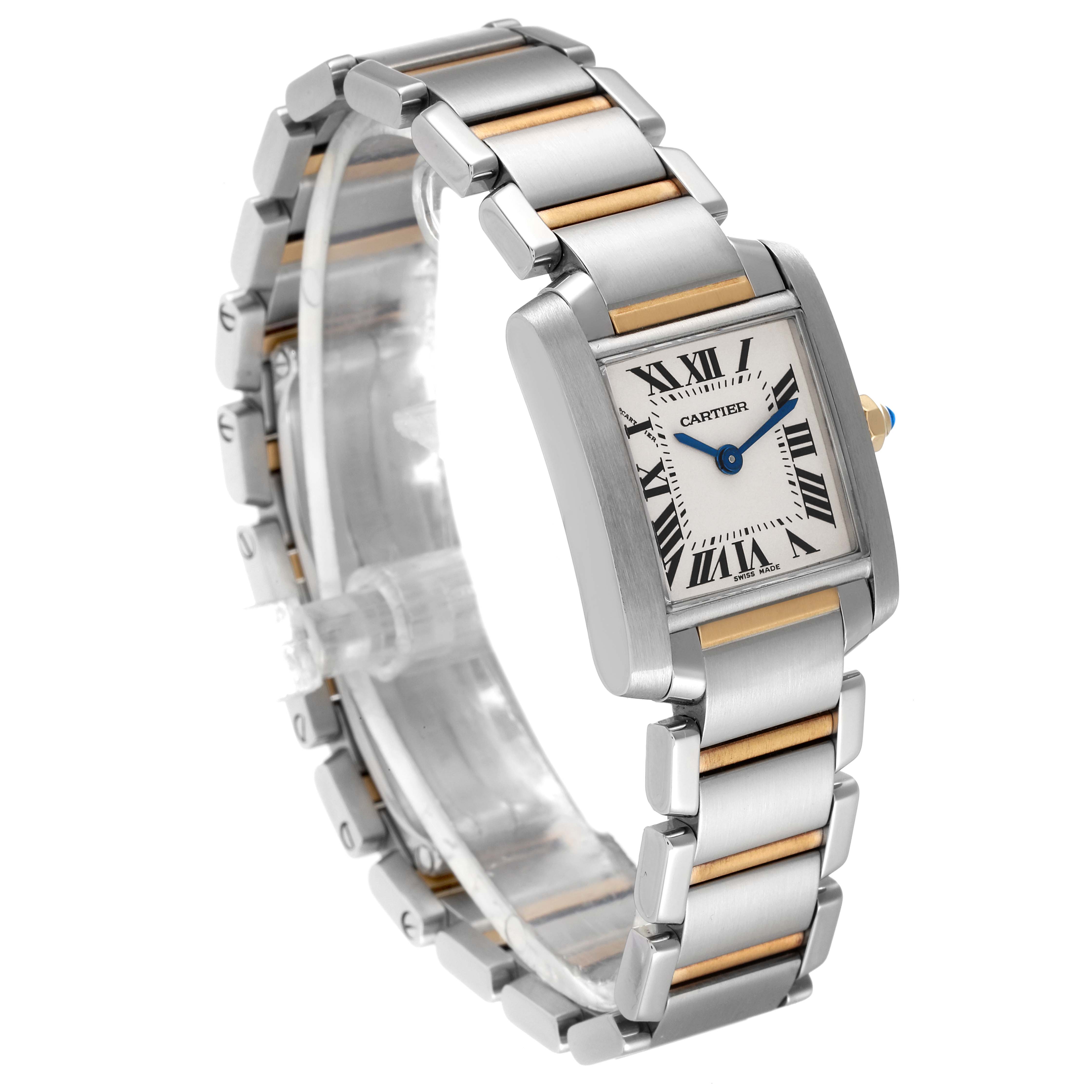 The Tank Française by Cartier is shown at a three-quarter angle, highlighting the face, case, and bracelet with two-tone metal links.