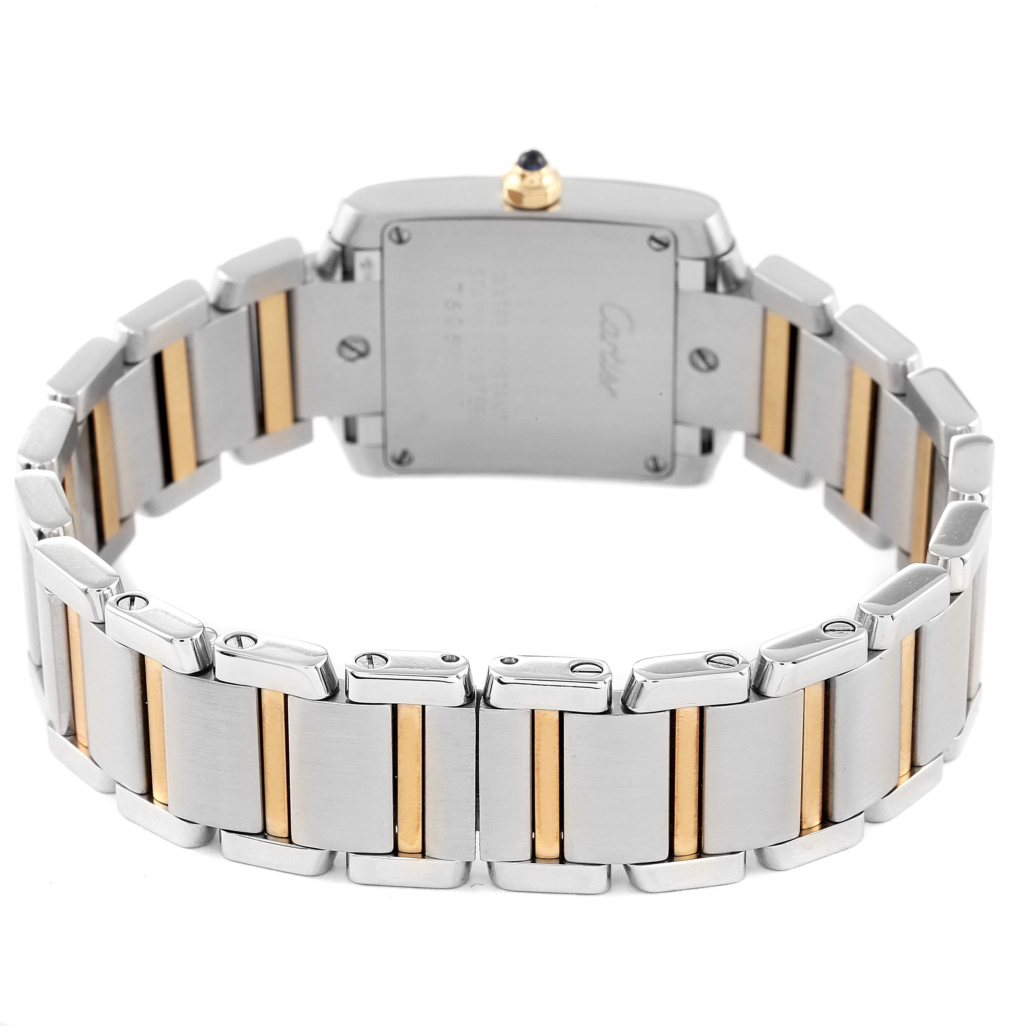 This image shows the back view of a Cartier Tank Francaise W51007Q4 Women's Steel and Gold (two tone) Silver Dial W51007Q4 Women's Steel and Gold (two tone) Silver Dial watch, highlighting its two-tone metal bracelet and case back.