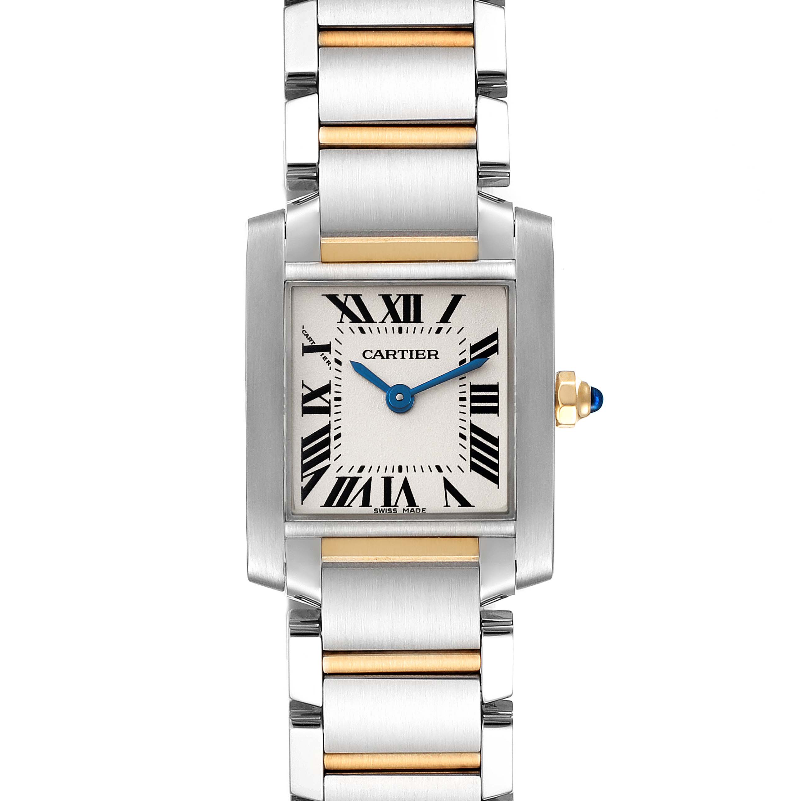 The Cartier Tank Francaise W51007Q4 Women's Steel and Gold (two tone) Silver Dial W51007Q4 Women's Steel and Gold (two tone) Silver Dial is shown from a front angle, highlighting the dial, bracelet, and crown with a blue gemstone.