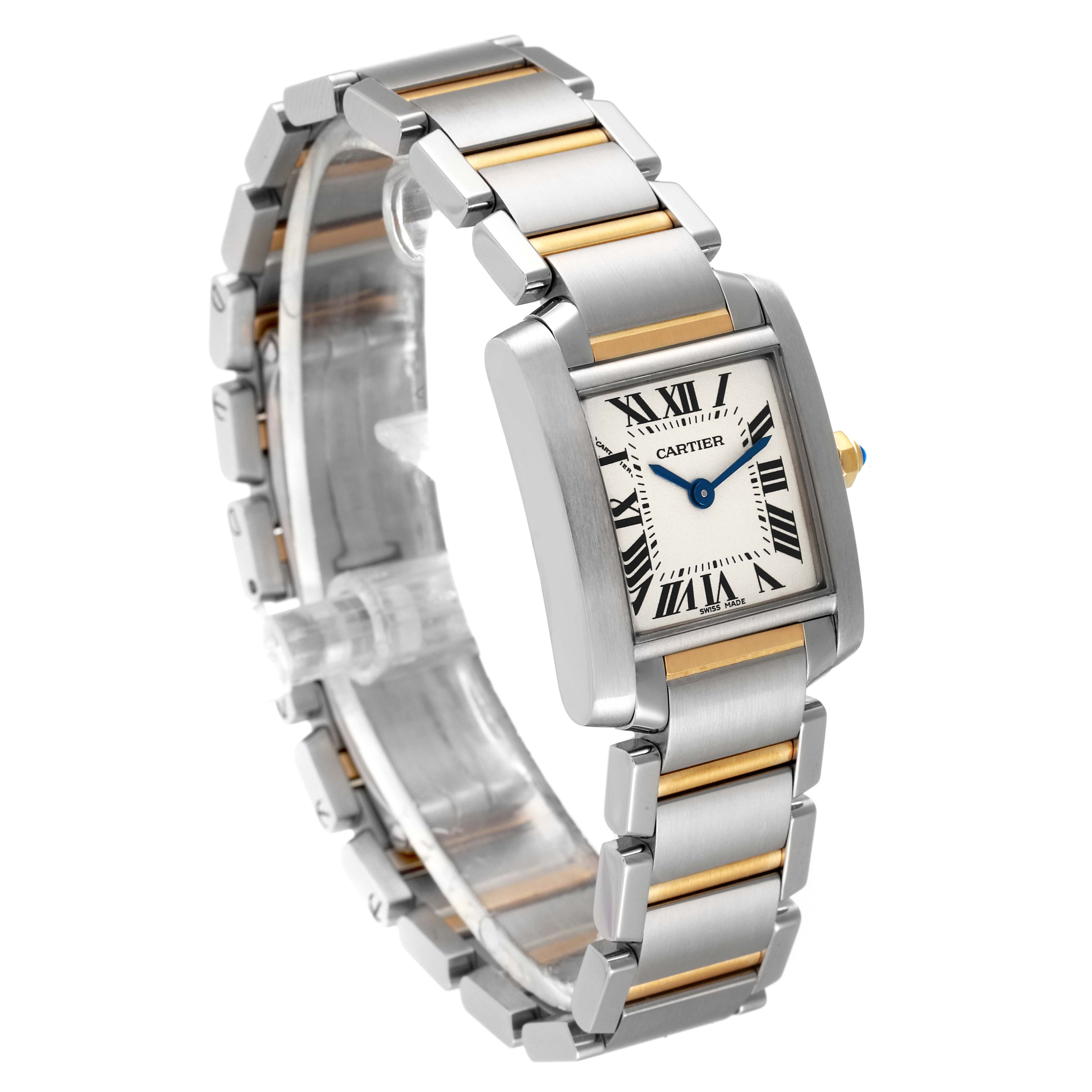 This image shows a Cartier Tank Francaise W51007Q4 Women's Steel and Gold (two tone) Silver Dial W51007Q4 Women's Steel and Gold (two tone) Silver Dial watch from a three-quarter angle, highlighting the face, bezel, and two-tone bracelet.