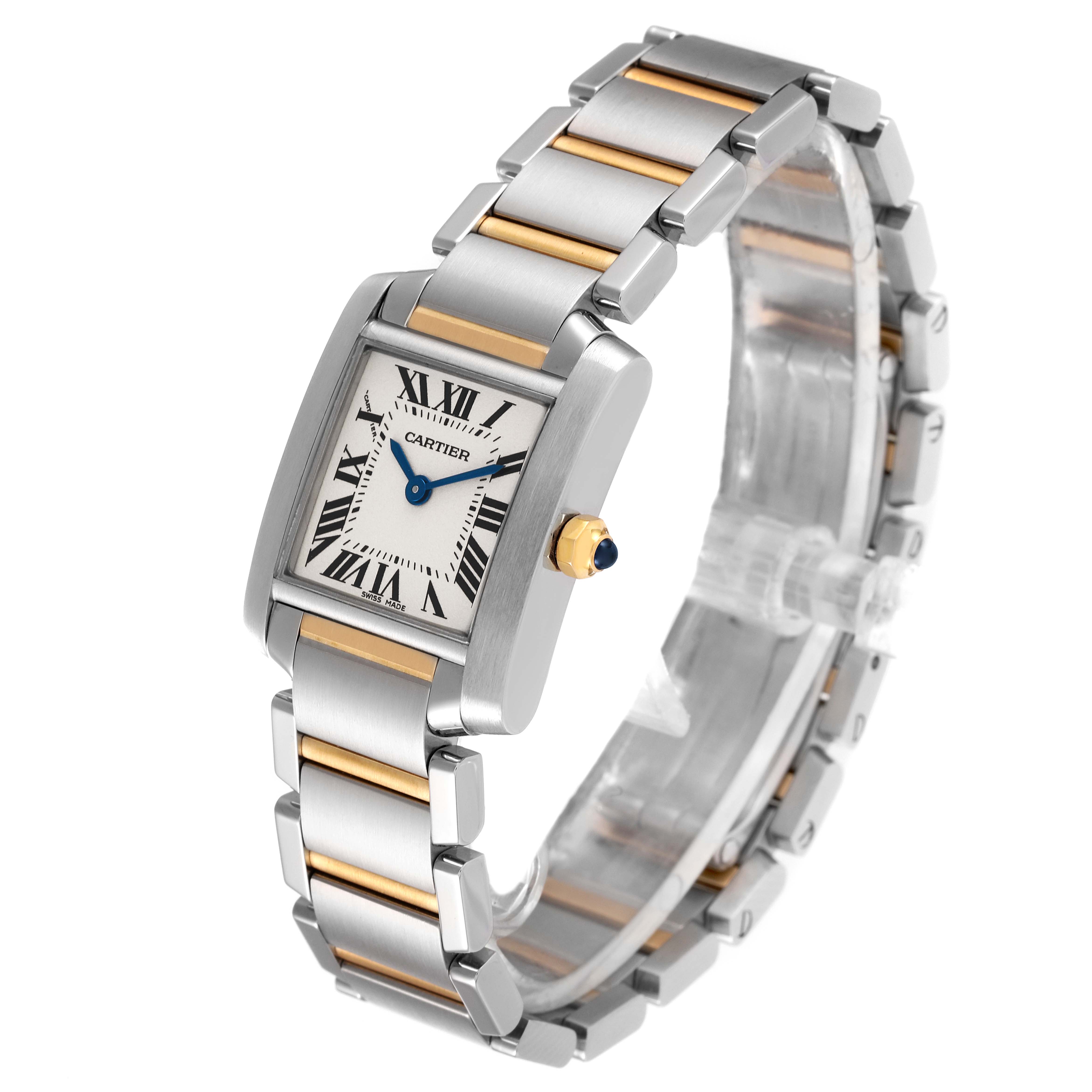 The image shows a Cartier Tank Francaise W51007Q4 Women's Steel and Gold (two tone) Silver Dial W51007Q4 Women's Steel and Gold (two tone) Silver Dial watch at a slight angle, highlighting its silver and gold bracelet and rectangular face.