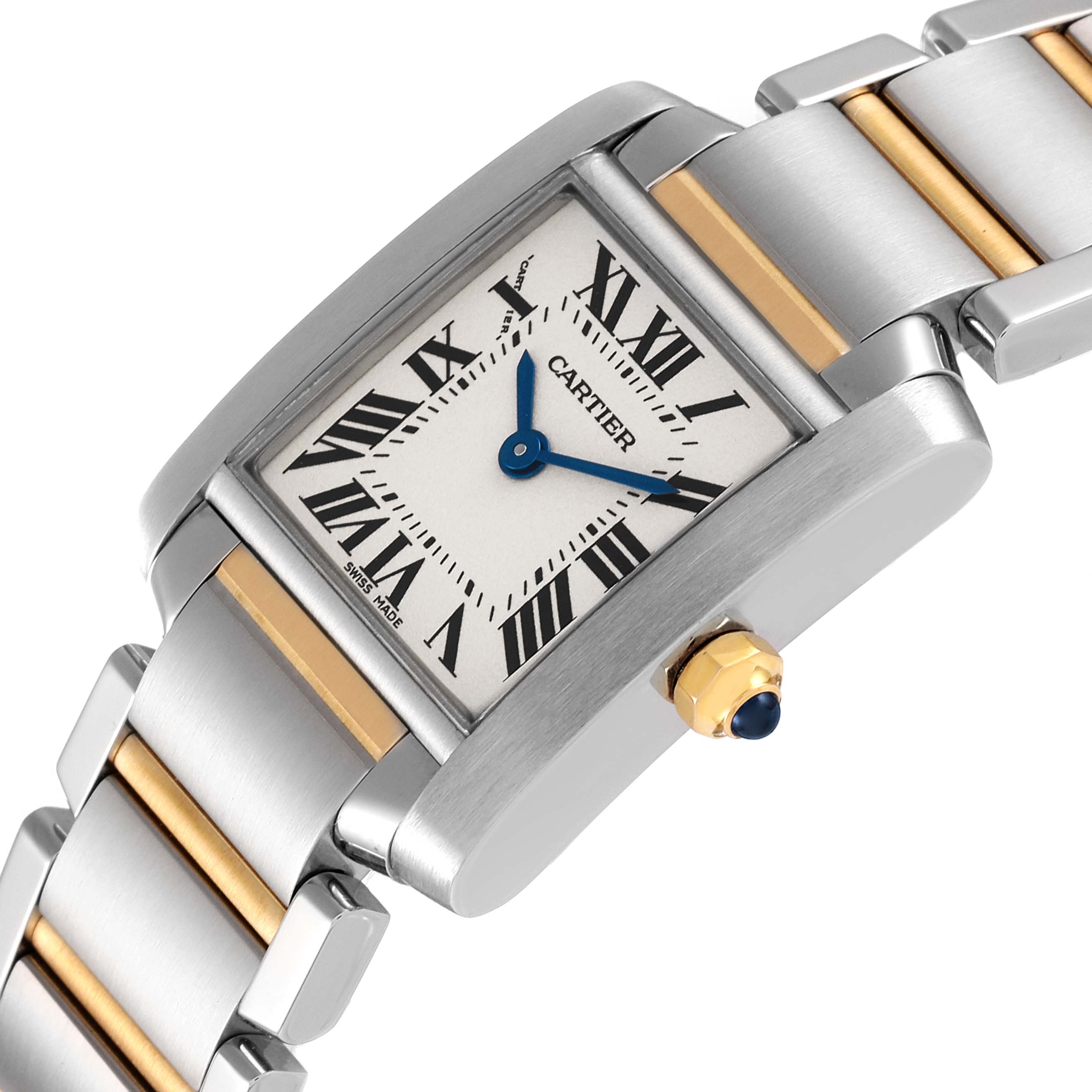 This image shows a Cartier Tank Francaise W51007Q4 Women's Steel and Gold (two tone) Silver Dial W51007Q4 Women's Steel and Gold (two tone) Silver Dial watch at an angled view, highlighting the dial, hands, crown, and part of the bracelet.