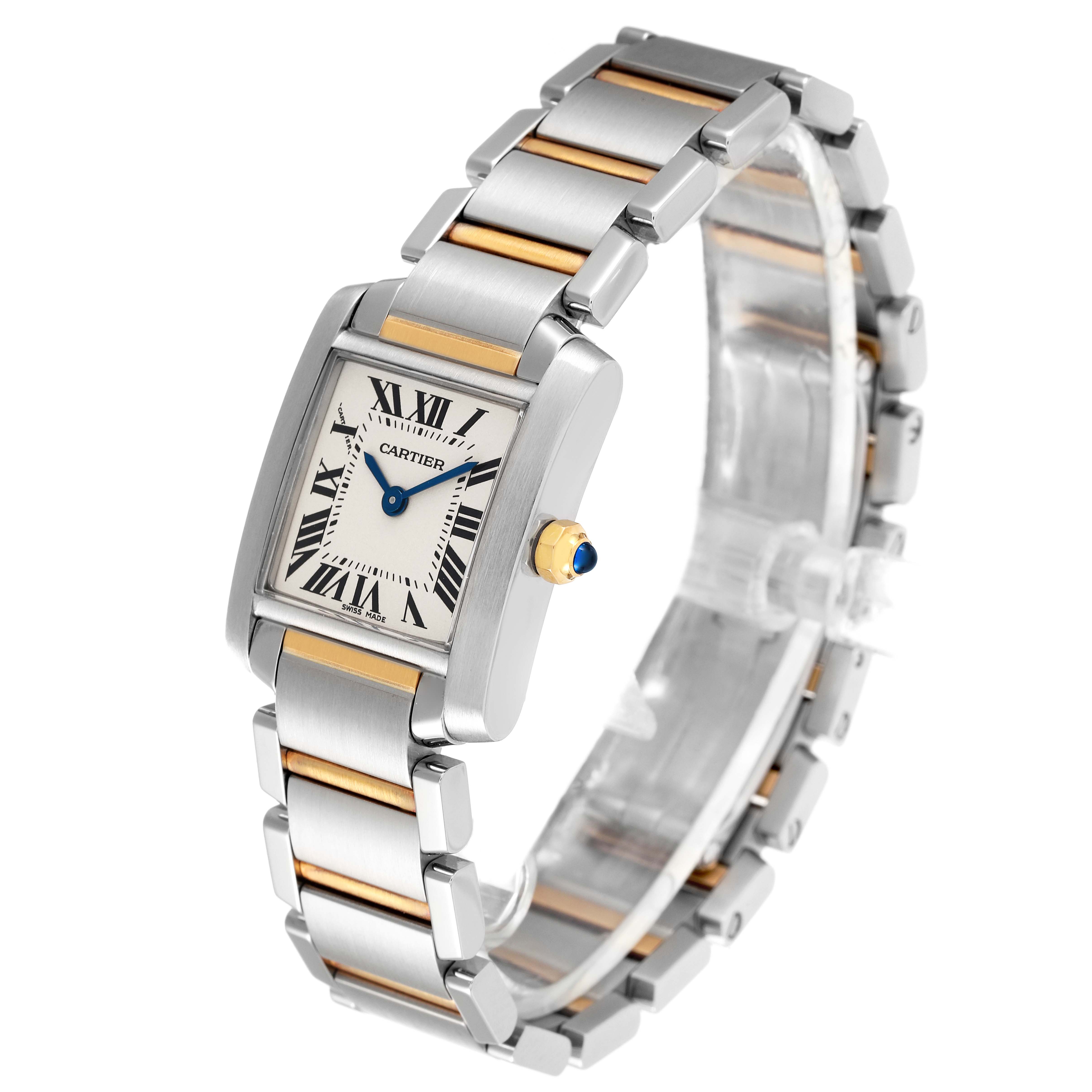 The image shows a Cartier Tank Francaise W51007Q4 Women's Steel and Gold (two tone) Silver Dial W51007Q4 Women's Steel and Gold (two tone) Silver Dial watch at a three-quarter angle, highlighting its face, bracelet, and crown.