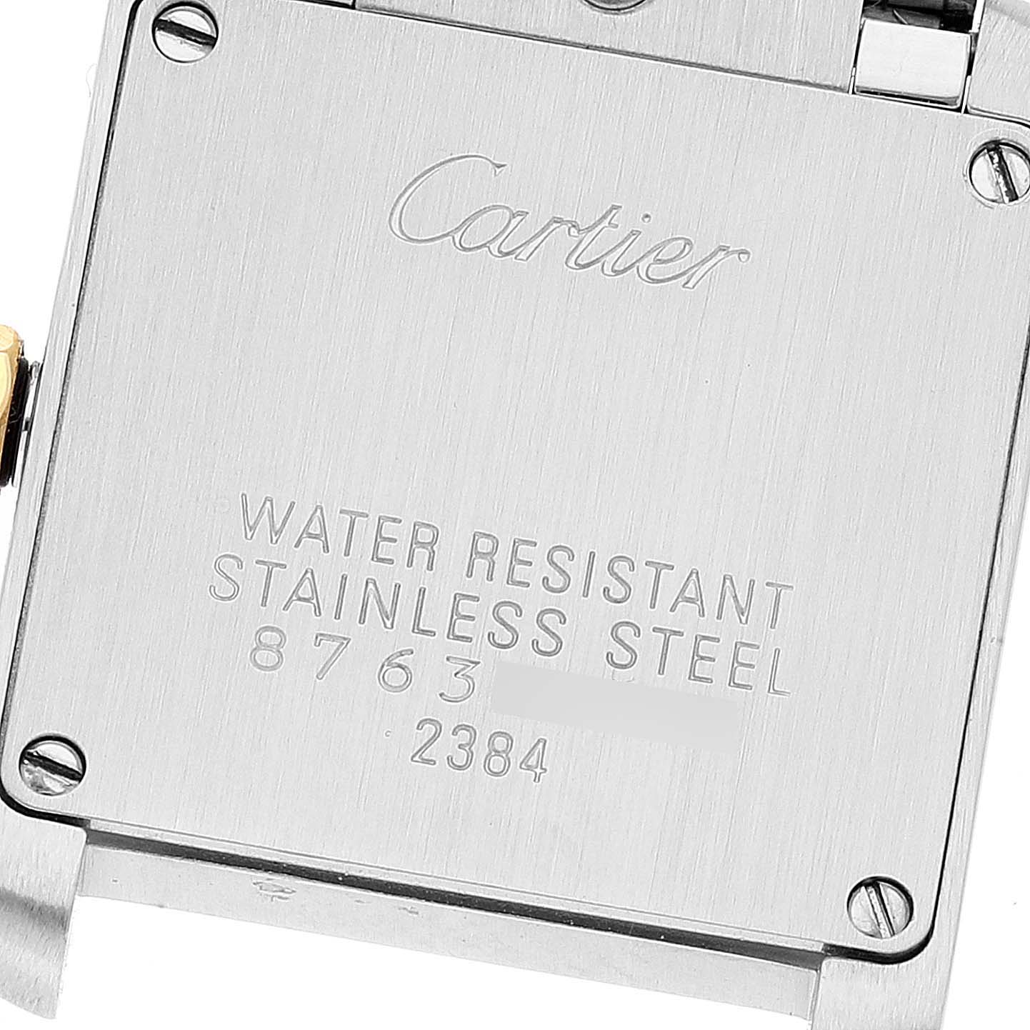 The image shows the back case of a Cartier Tank Française watch, highlighting its water resistance and stainless steel features.