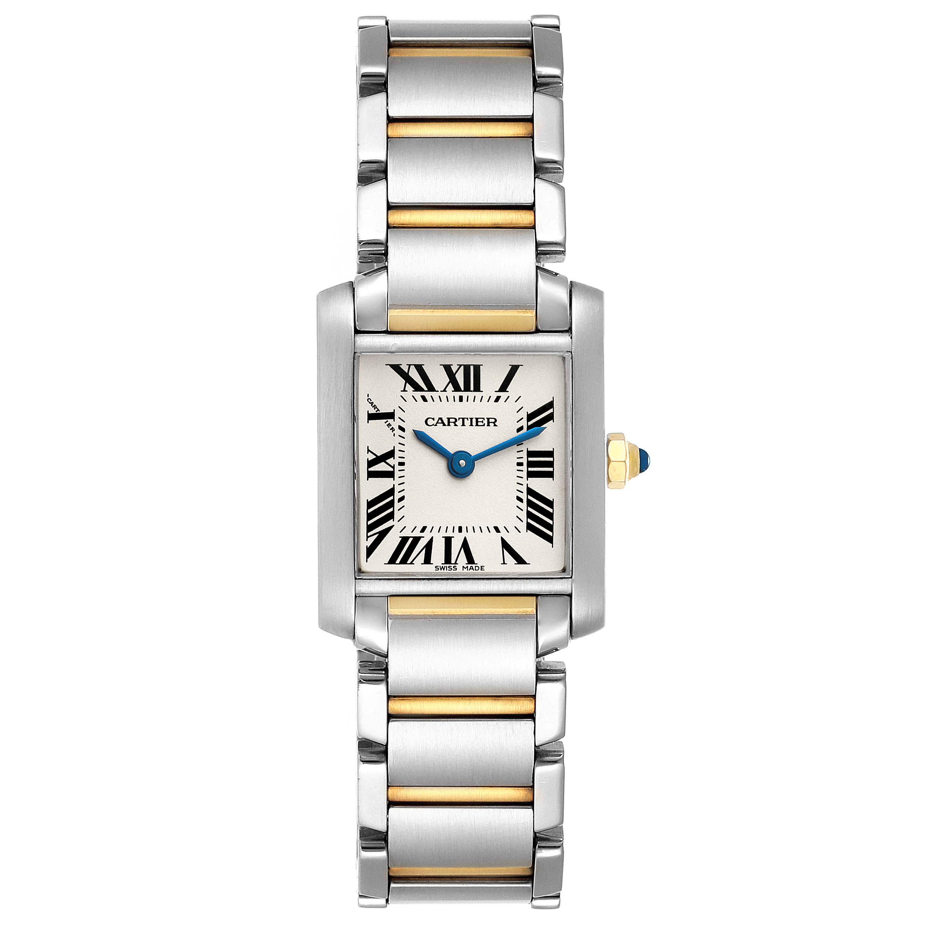 The image shows a full-frontal view of the Cartier Tank Francaise W51007Q4 Women's Steel and Gold (two tone) Silver Dial W51007Q4 Women's Steel and Gold (two tone) Silver Dial watch, displaying its face and two-tone metal bracelet.