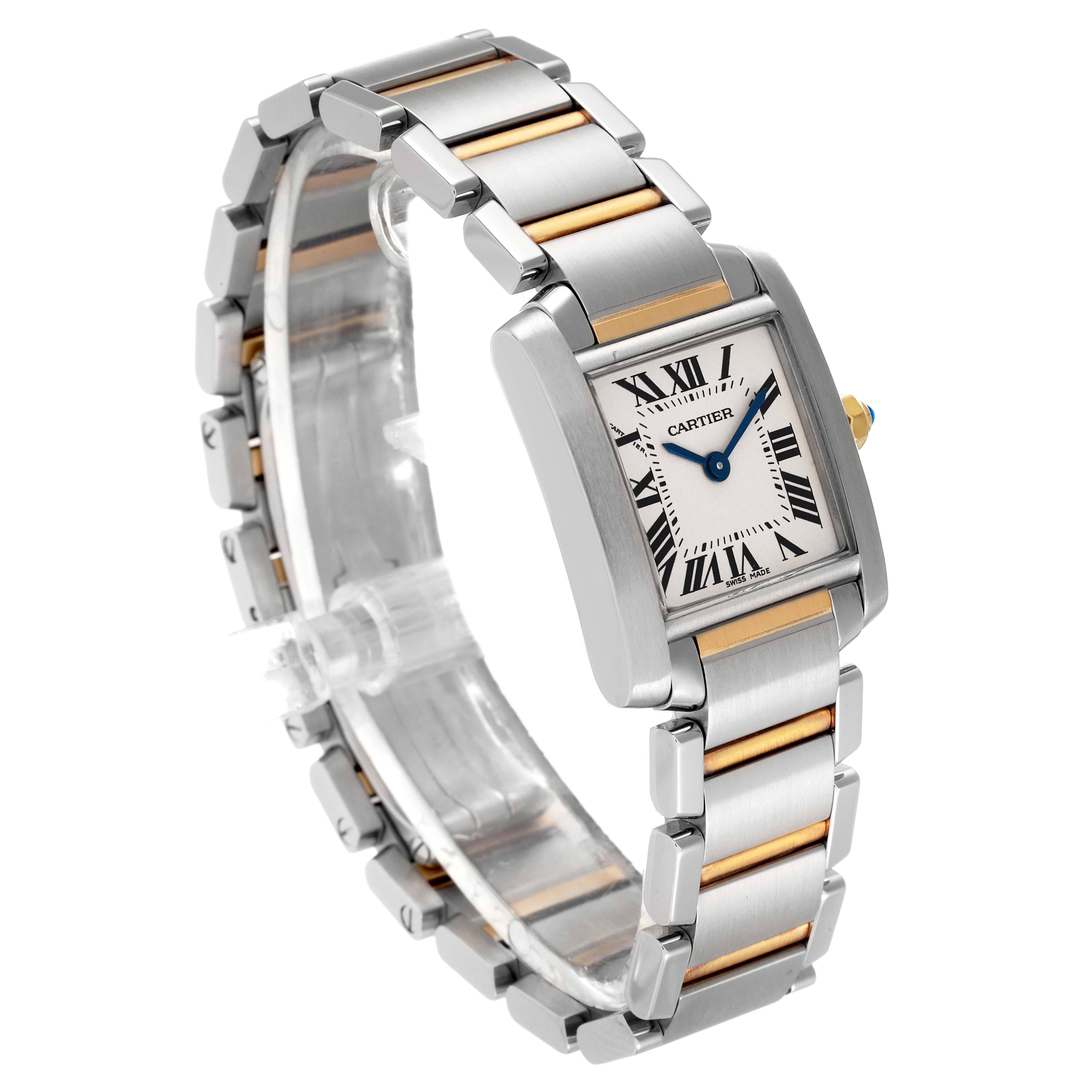 The image shows a Cartier Tank Française watch at a 3/4 angle, highlighting its two-tone bracelet and square face with Roman numerals.