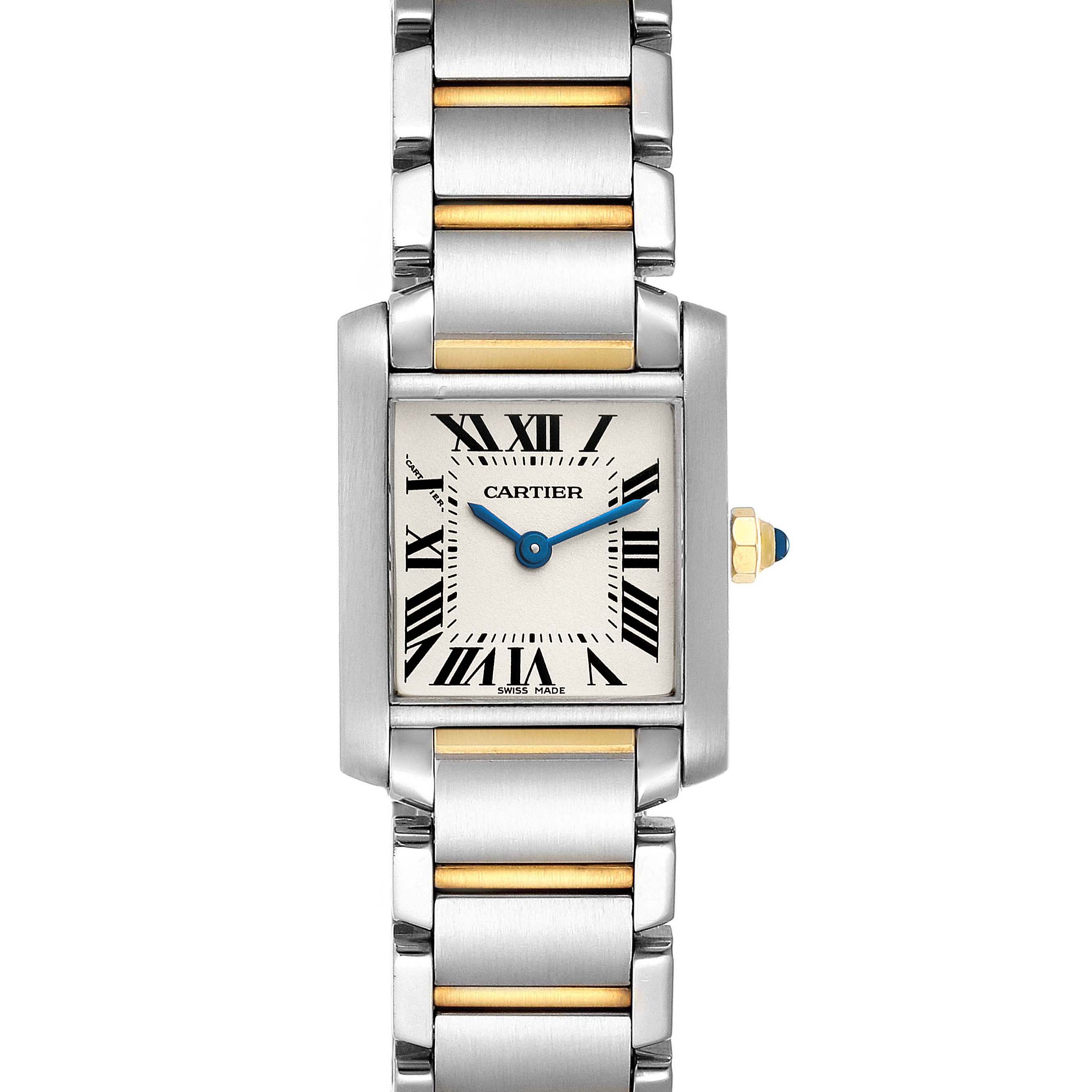 This image shows a frontal view of the Cartier Tank Française watch, displaying its dial, crown, and two-tone metal bracelet.