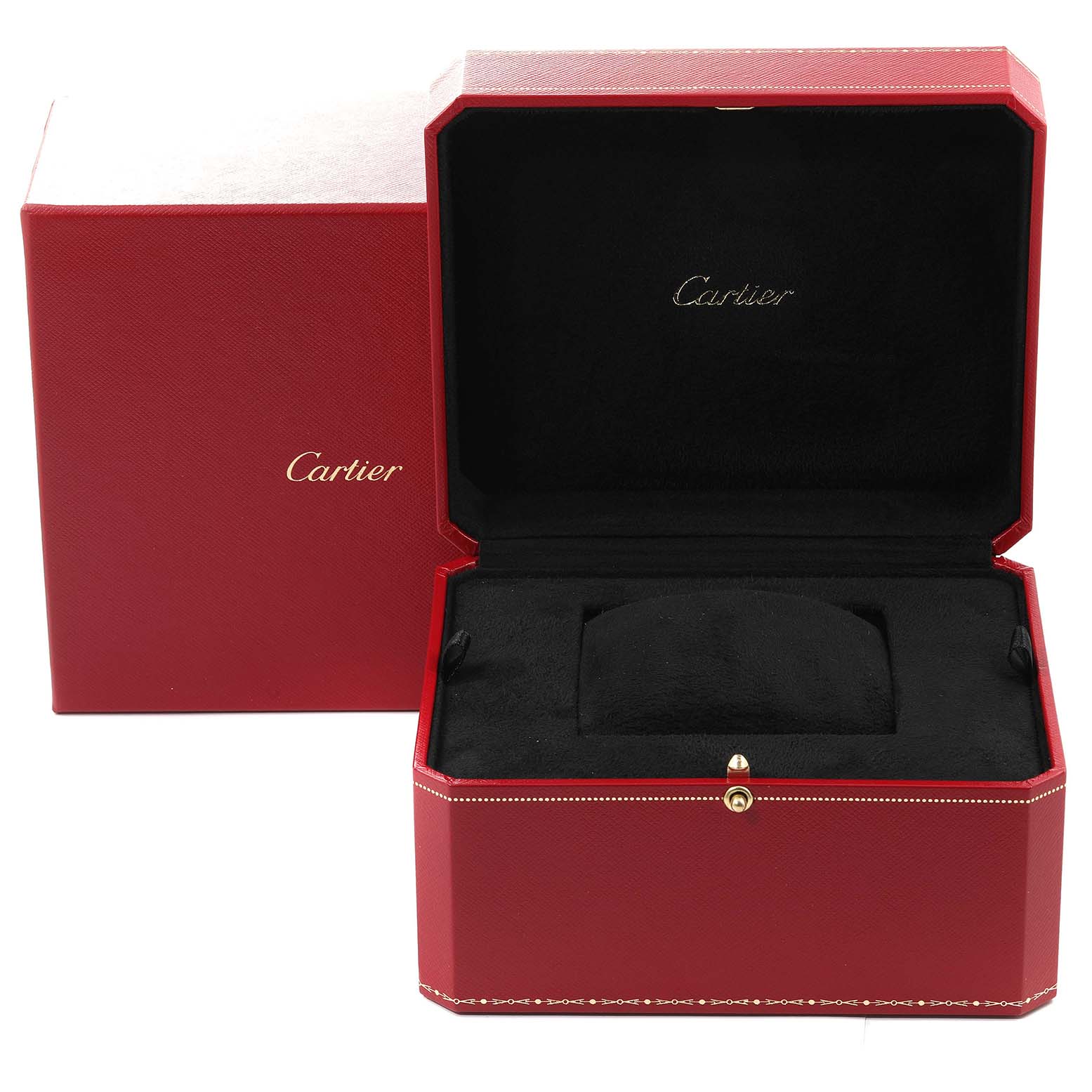 The image features an open red Cartier box for the Tank Francaise model, displaying the interior cushion for the watch.