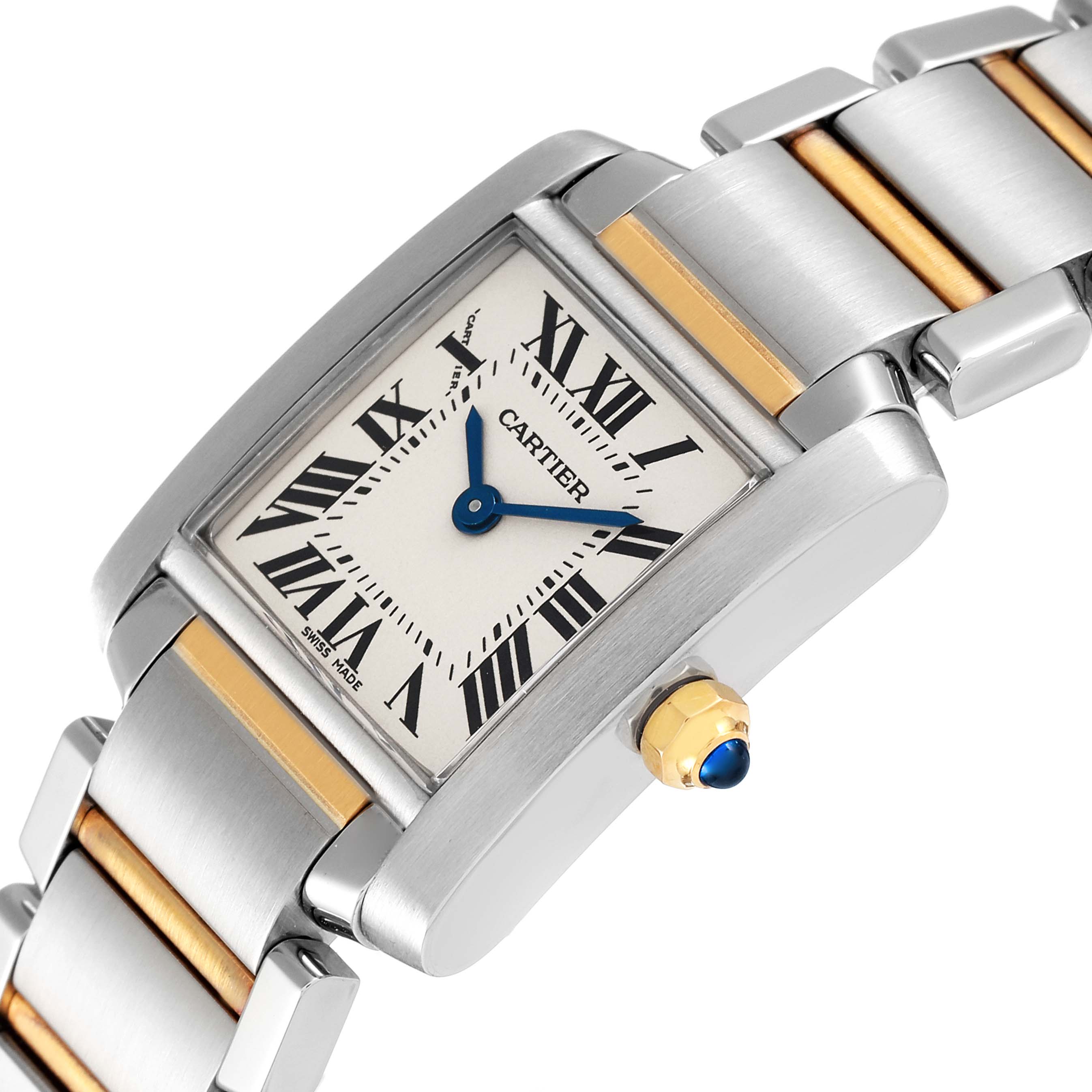 The Cartier Tank Francaise W51007Q4 Women's Steel and Gold (two tone) Silver Dial W51007Q4 Women's Steel and Gold (two tone) Silver Dial watch is shown at an angle highlighting its dial, bracelet, and crown with a blue cabochon.