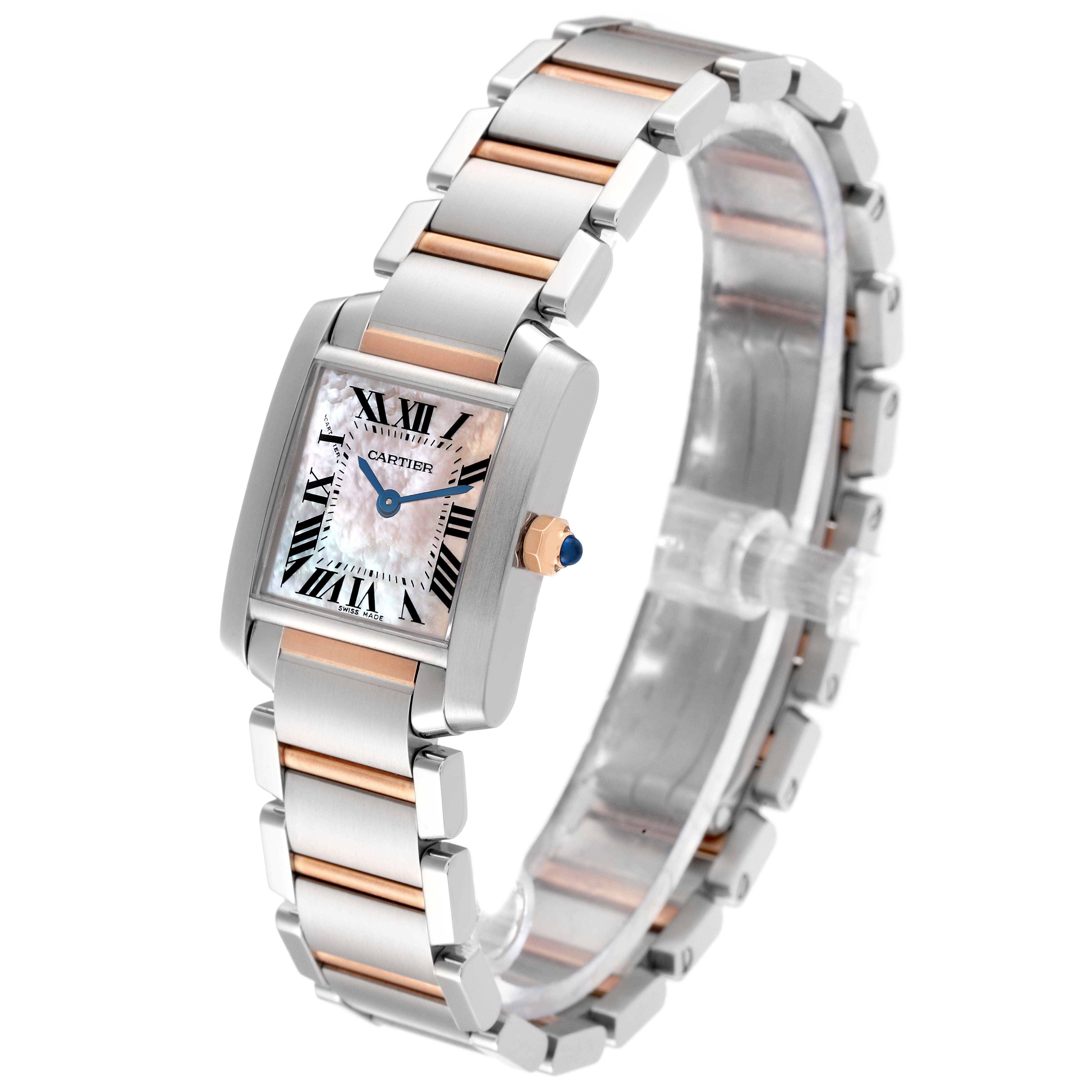 The image shows a Cartier Tank Francaise W51027Q4 Women's Steel and Gold (two tone) Mother of Pearl Dial W51027Q4 Women's Steel and Gold (two tone) Mother of Pearl Dial watch viewed from an angled perspective displaying the face, bracelet, and crown.