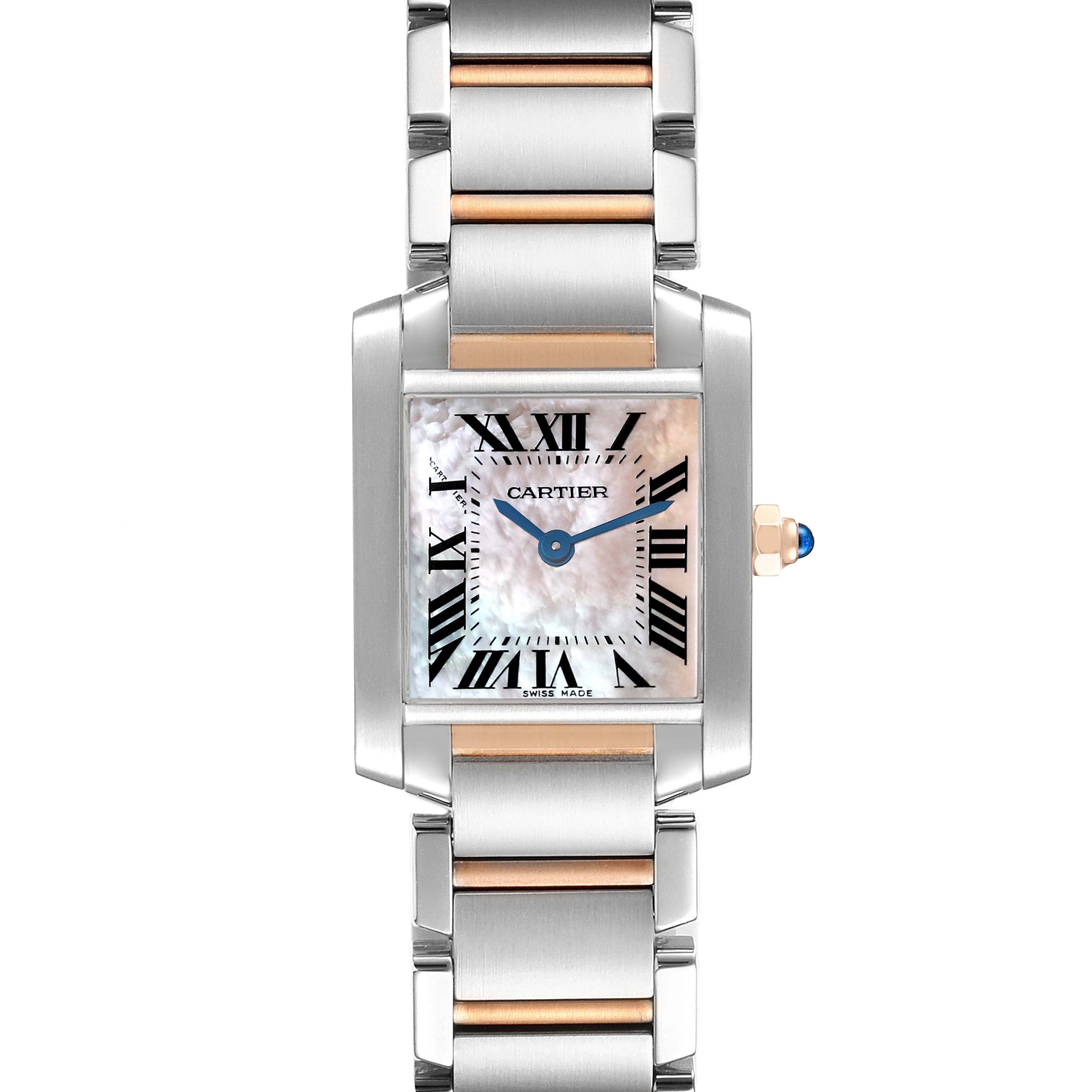 The image shows a front view of the Cartier Tank Française watch, displaying the face, hands, bezel, and part of the bracelet.