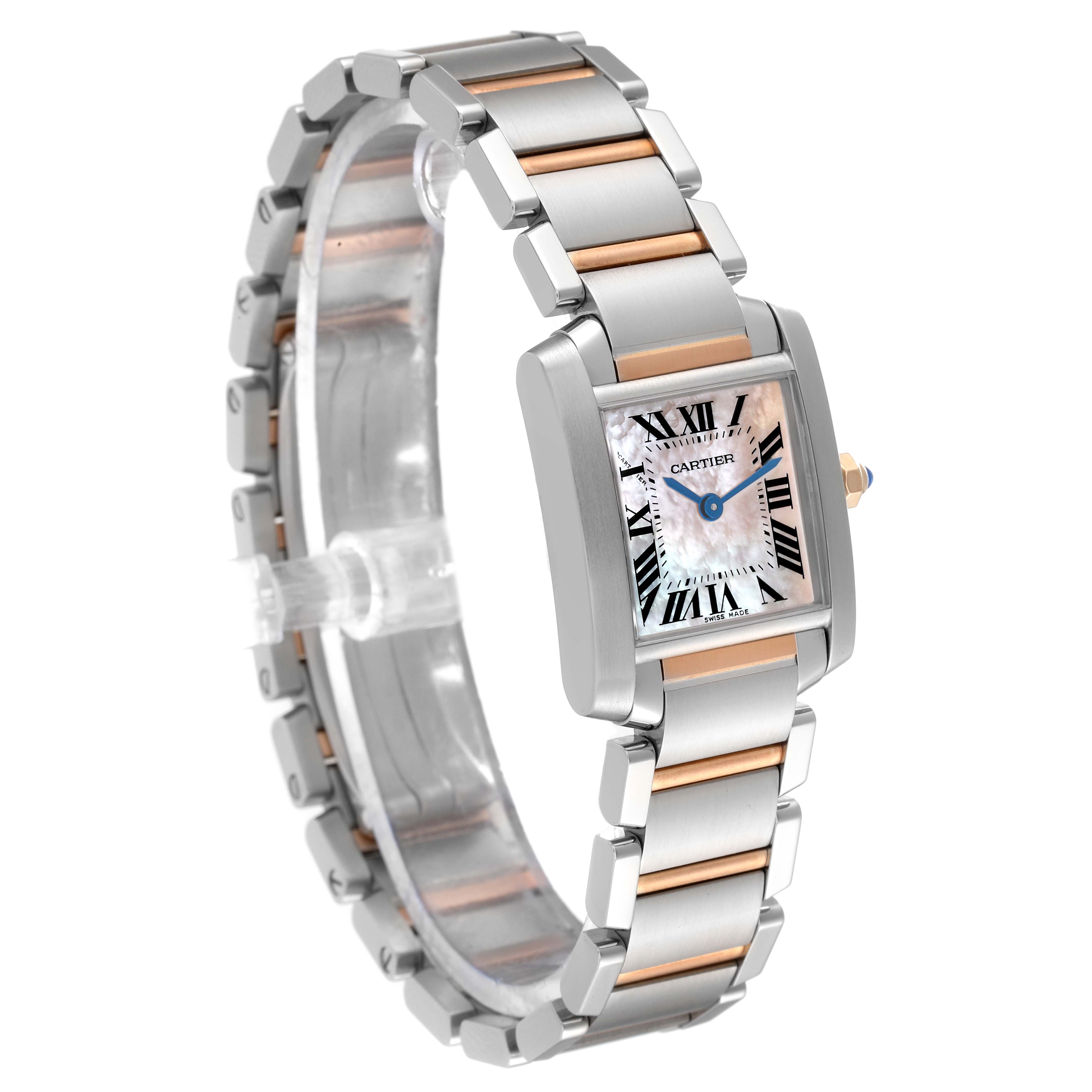 The Cartier Tank Francaise W51027Q4 Women's Steel and Gold (two tone) Mother of Pearl Dial W51027Q4 Women's Steel and Gold (two tone) Mother of Pearl Dial watch is shown at a slight angle, revealing its face, hands, crown, and two-tone bracelet.