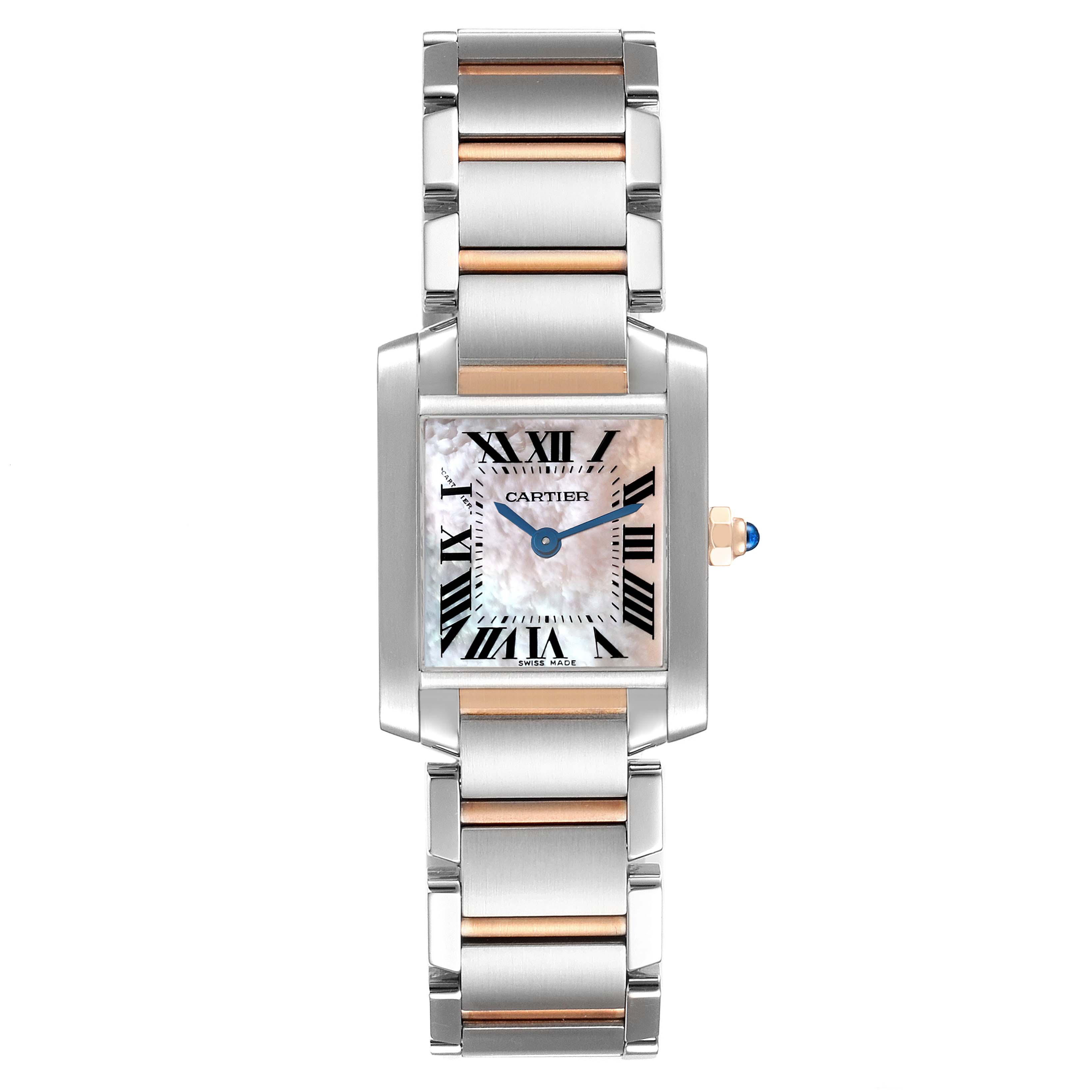 The image shows a Cartier Tank Francaise W51027Q4 Women's Steel and Gold (two tone) Mother of Pearl Dial W51027Q4 Women's Steel and Gold (two tone) Mother of Pearl Dial watch from a top-down angle, displaying its dial, bracelet, and crown.