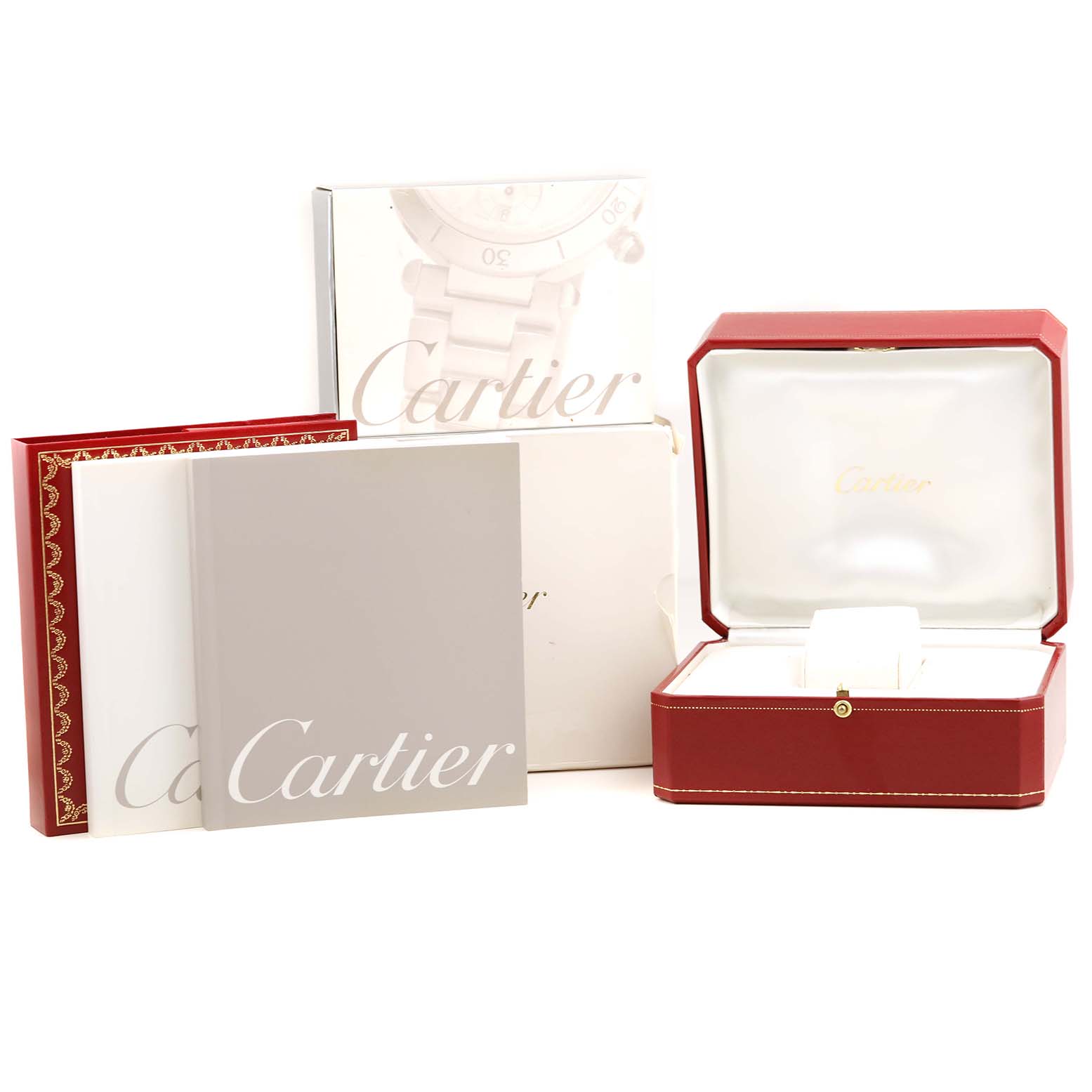 The image shows the packaging and accessories of the Cartier Tank Francaise W51027Q4 Women's Steel and Gold (two tone) Mother of Pearl Dial W51027Q4 Women's Steel and Gold (two tone) Mother of Pearl Dial watch, including the box, manuals, and display case.