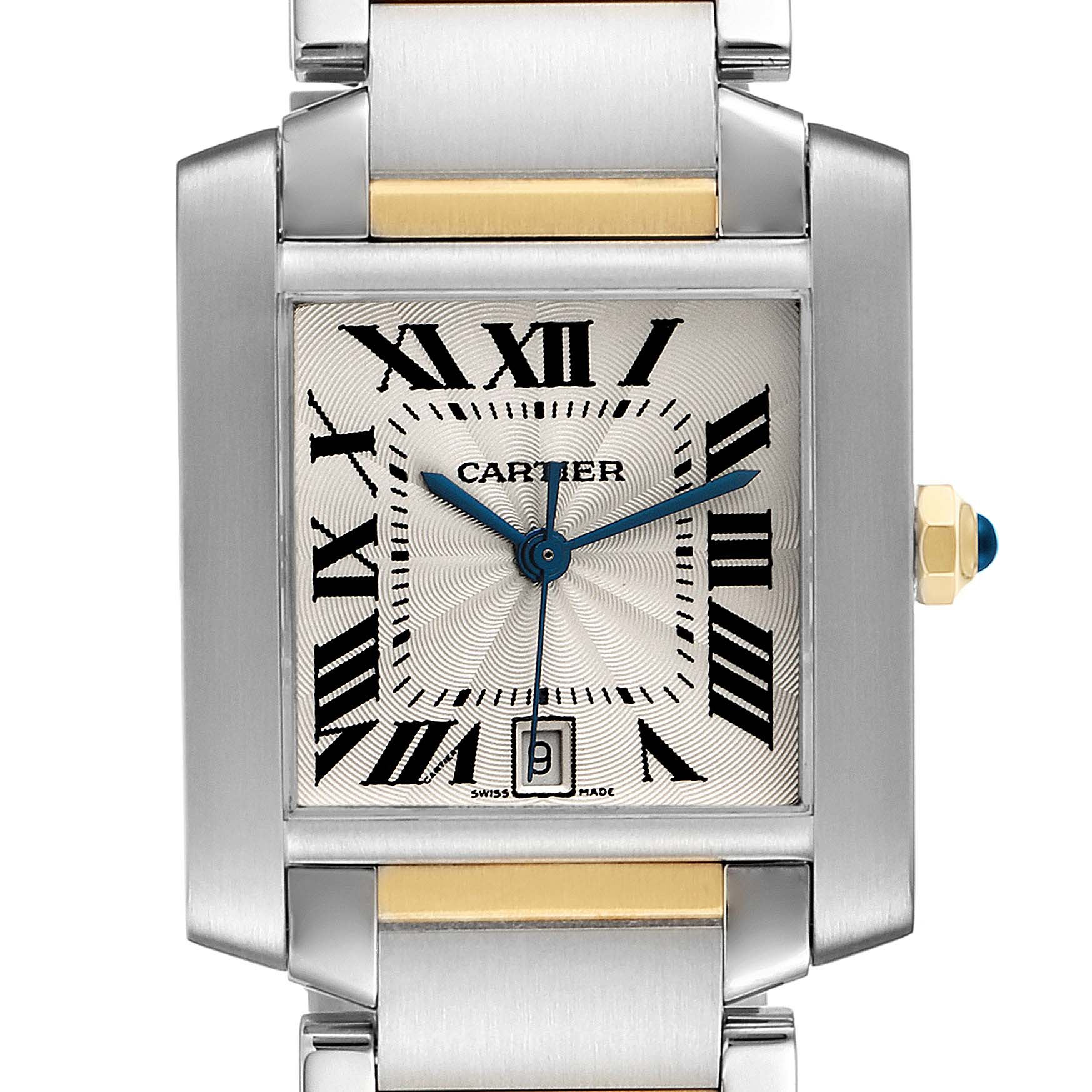 This image shows a frontal view of a Cartier Tank Française watch, highlighting its dial, hands, and part of the bracelet.