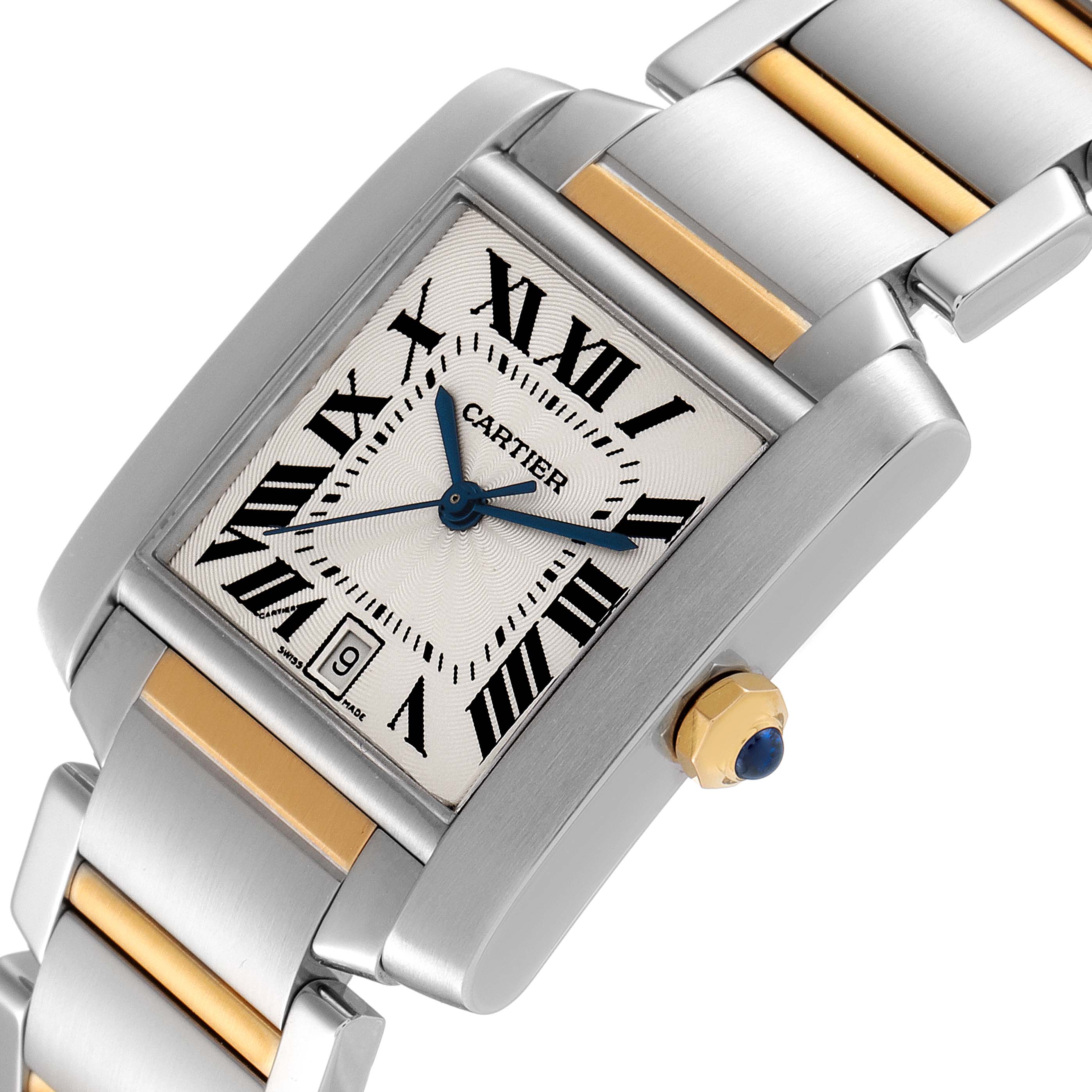 The image shows a close-up angled view of a Cartier Tank Francaise W51005Q4 Men's Steel and Gold (two tone) Silver Dial W51005Q4 Men's Steel and Gold (two tone) Silver Dial watch, focusing on the dial, crown, and part of the bracelet.