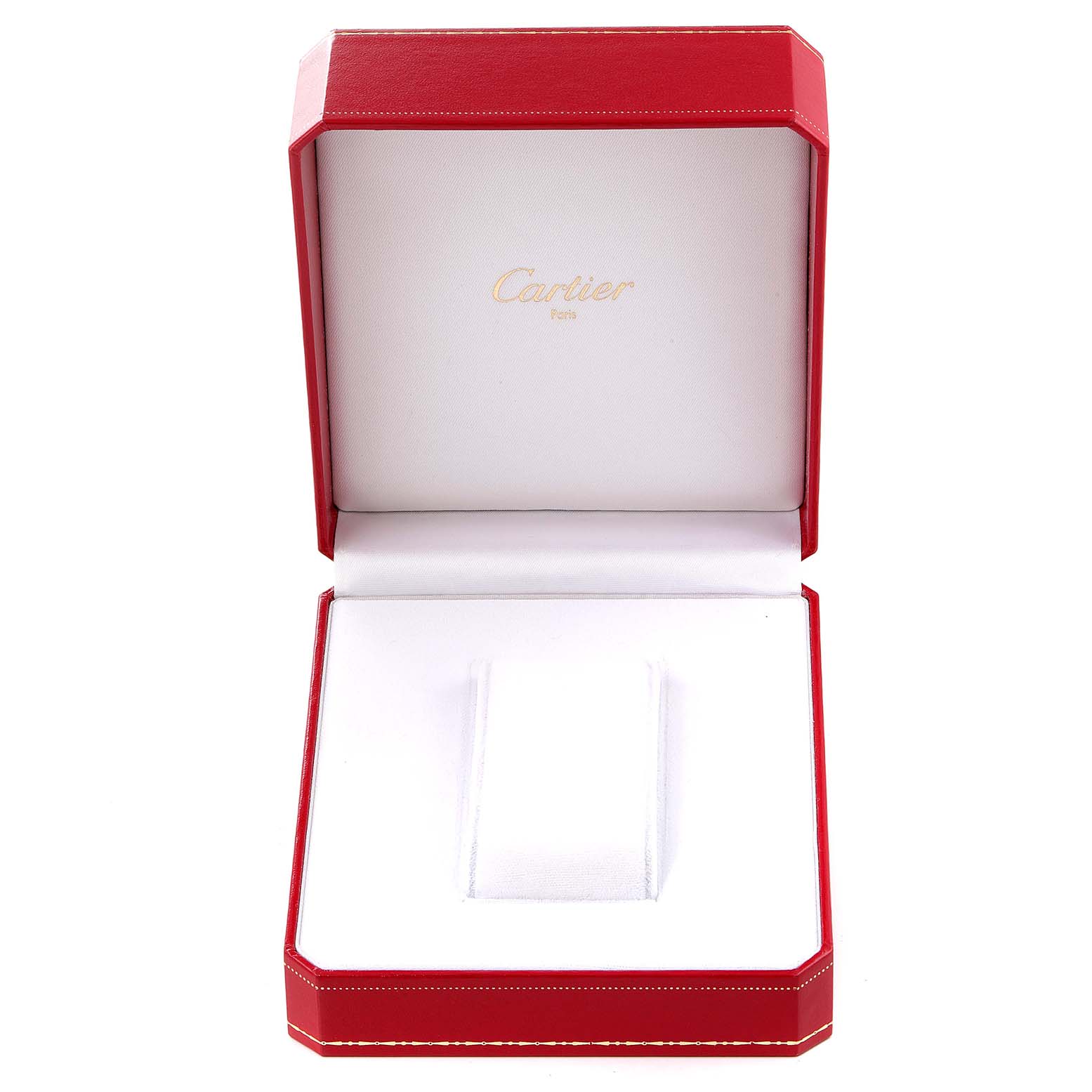 The image shows an open Cartier watch box, likely for a Tank Francaise model, with red exterior and white interior.