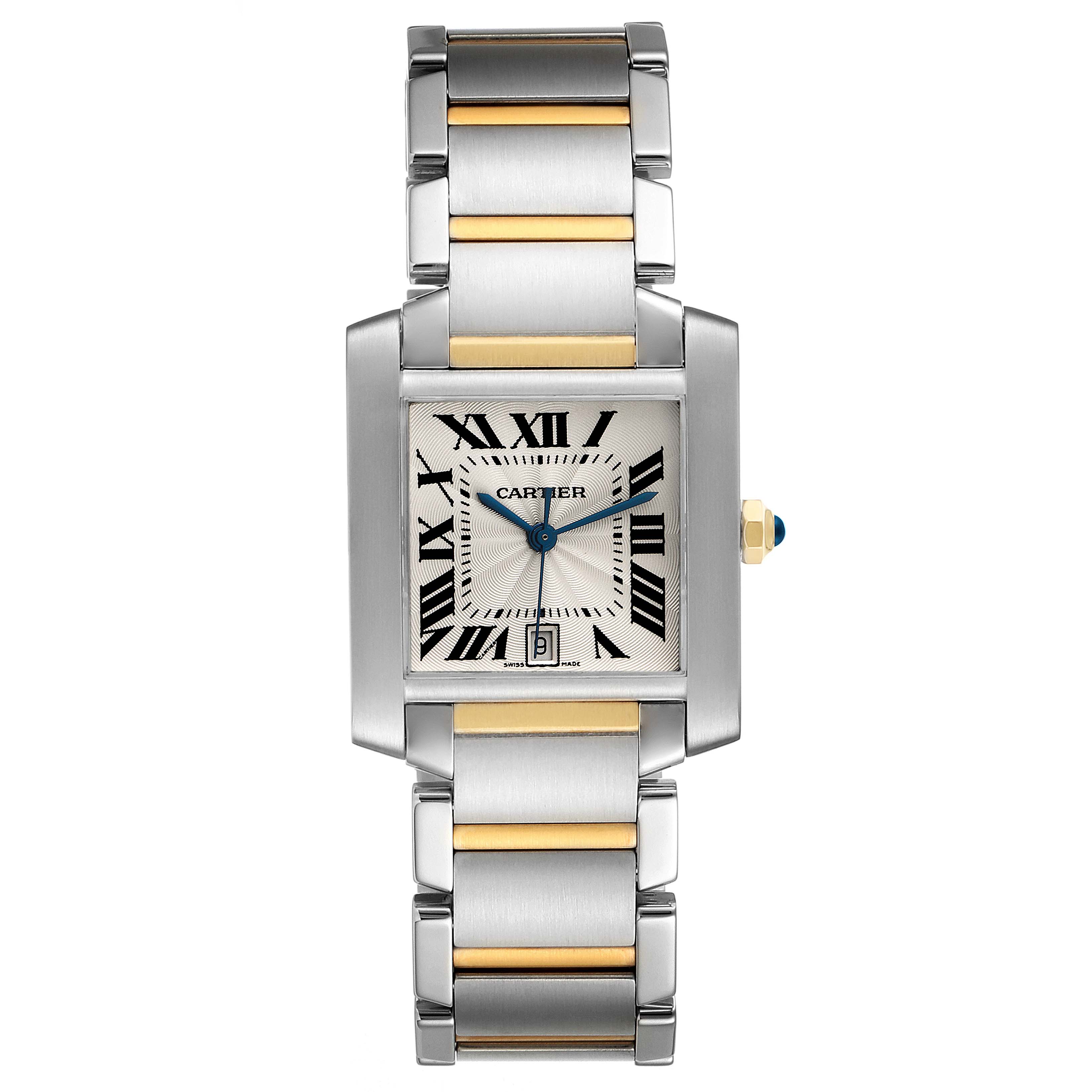 This is a front view of a Cartier Tank Francaise W51005Q4 Men's Steel and Gold (two tone) Silver Dial W51005Q4 Men's Steel and Gold (two tone) Silver Dial watch, showcasing its rectangular face, two-tone bracelet, and Roman numeral dial.