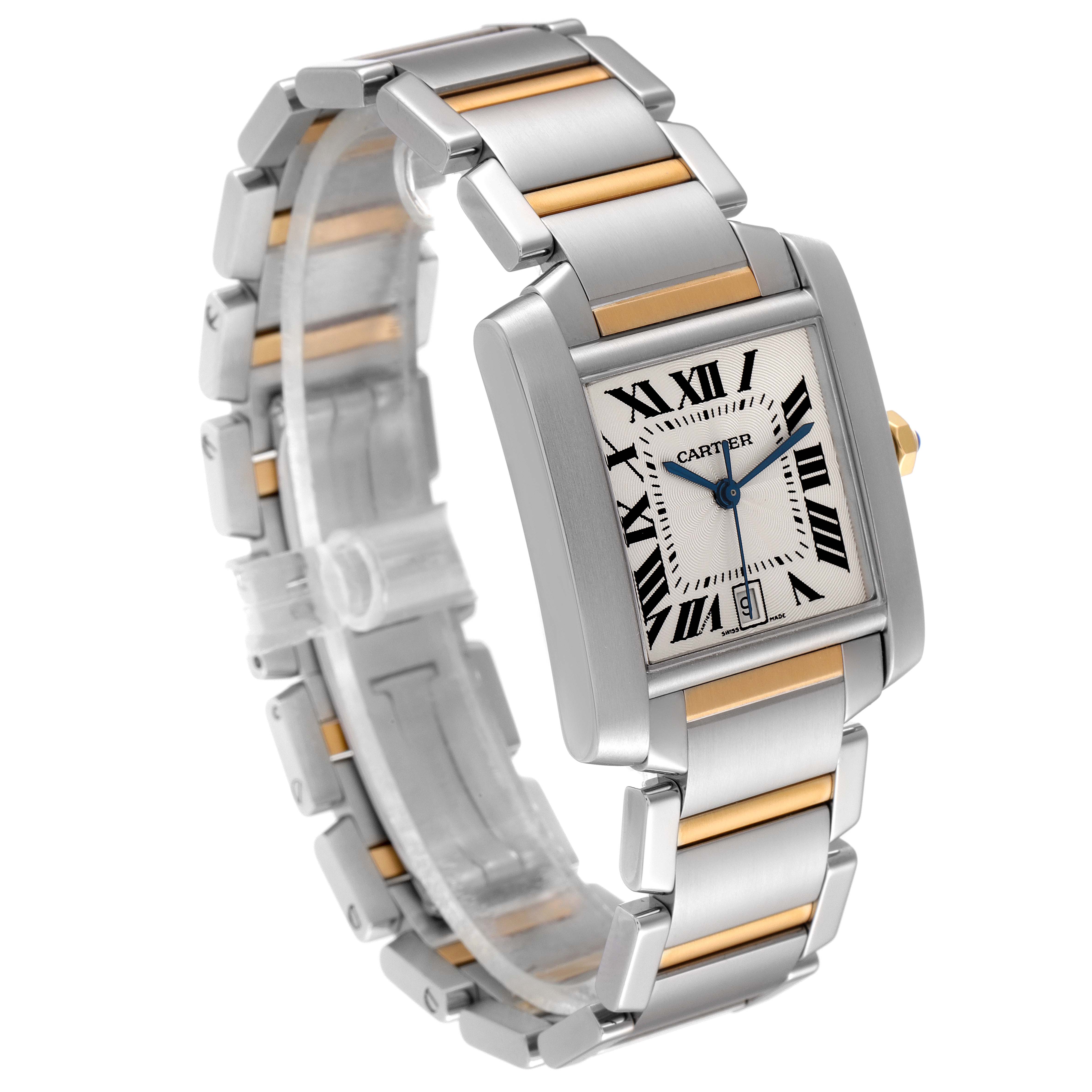 The Cartier Tank Francaise W51005Q4 Men's Steel and Gold (two tone) Silver Dial W51005Q4 Men's Steel and Gold (two tone) Silver Dial watch is shown at an angled view, highlighting the face, bezel, and bracelet.