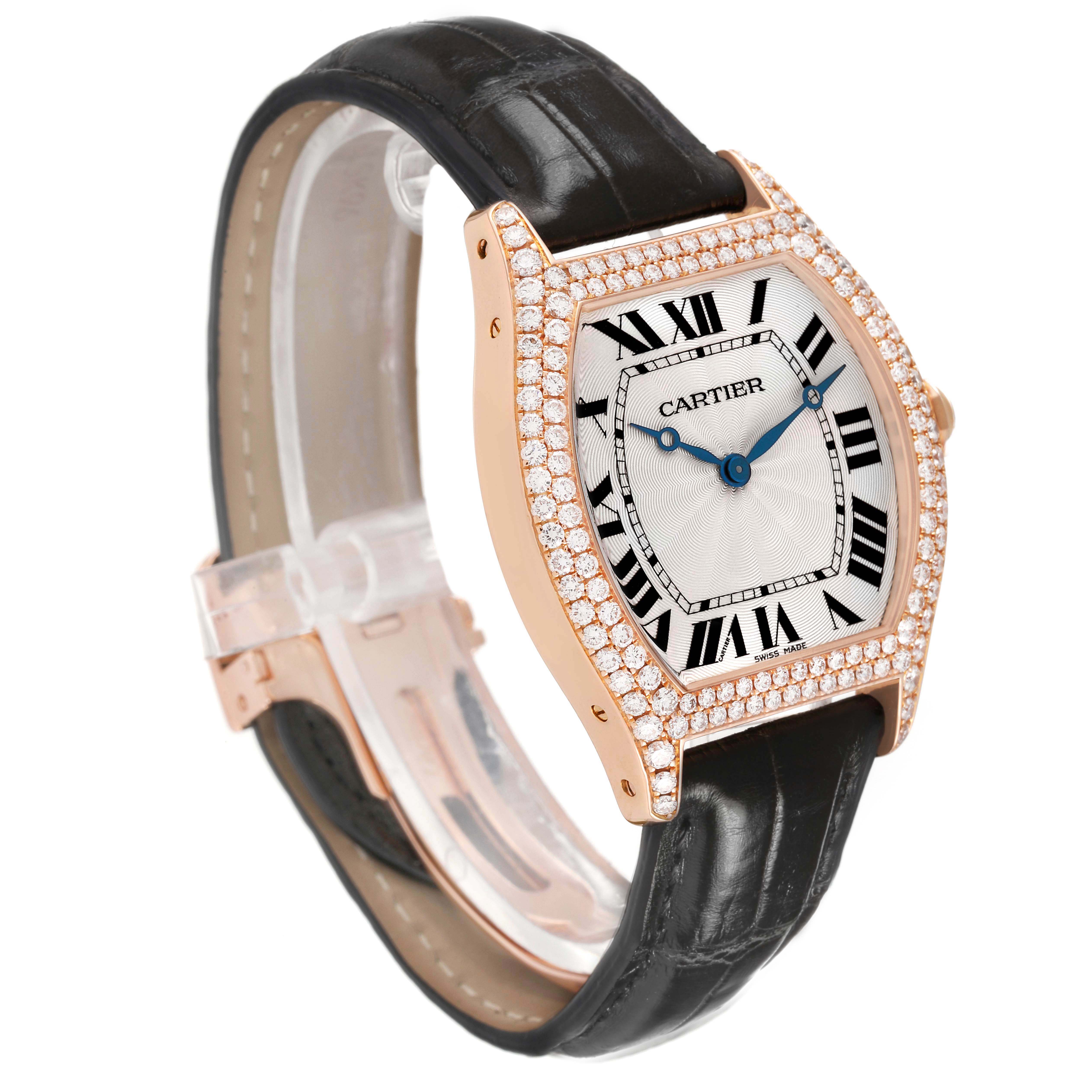 The Cartier Tortue WA503751 Women's Rose Gold Silver Dial watch is shown in a three-quarter angle, highlighting its face, bezel, and strap.