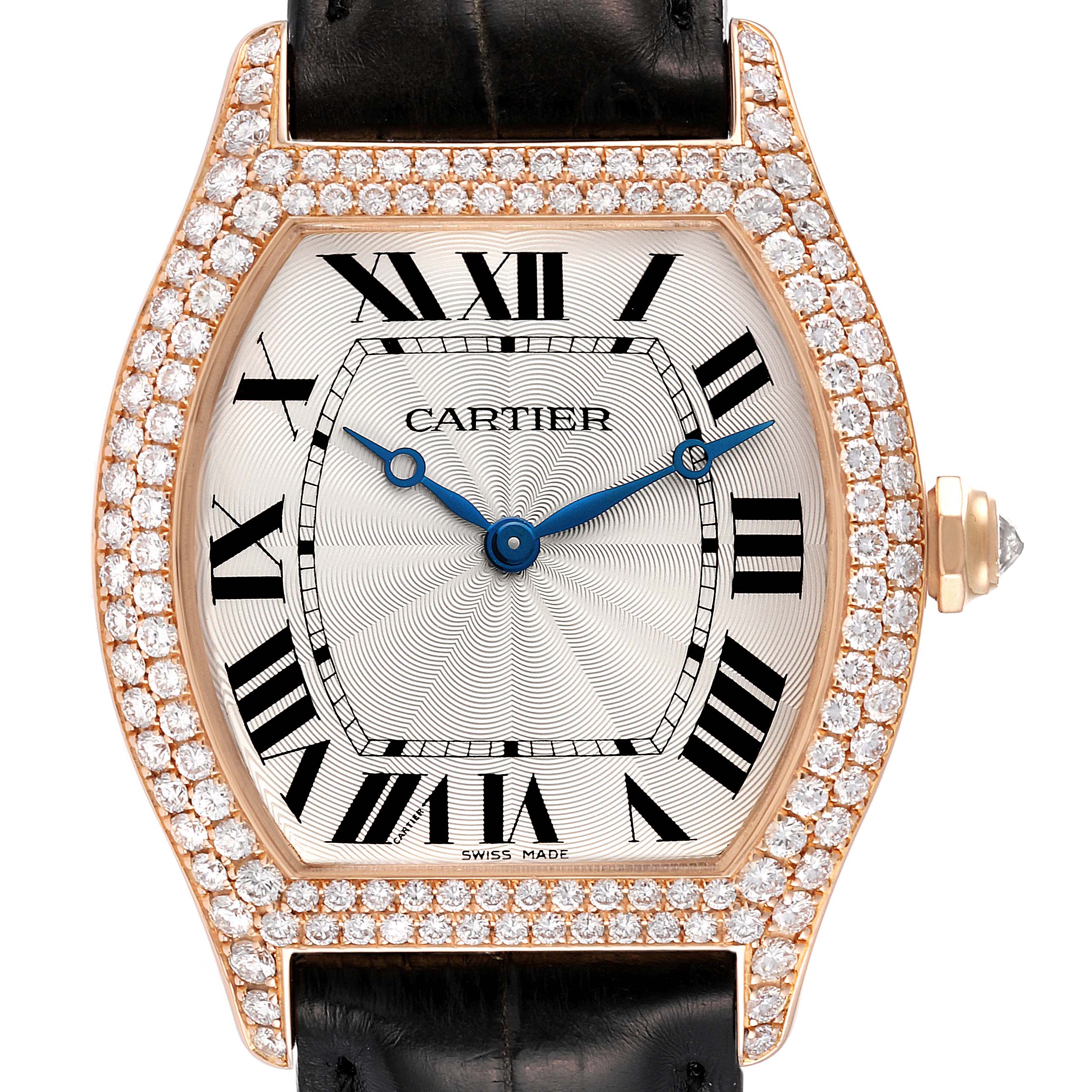The image shows a close-up, front view of a Cartier Tortue WA503751 Women's Rose Gold Silver Dial WA503751 Women's Rose Gold Silver Dial watch with a black strap and diamond-encrusted bezel.