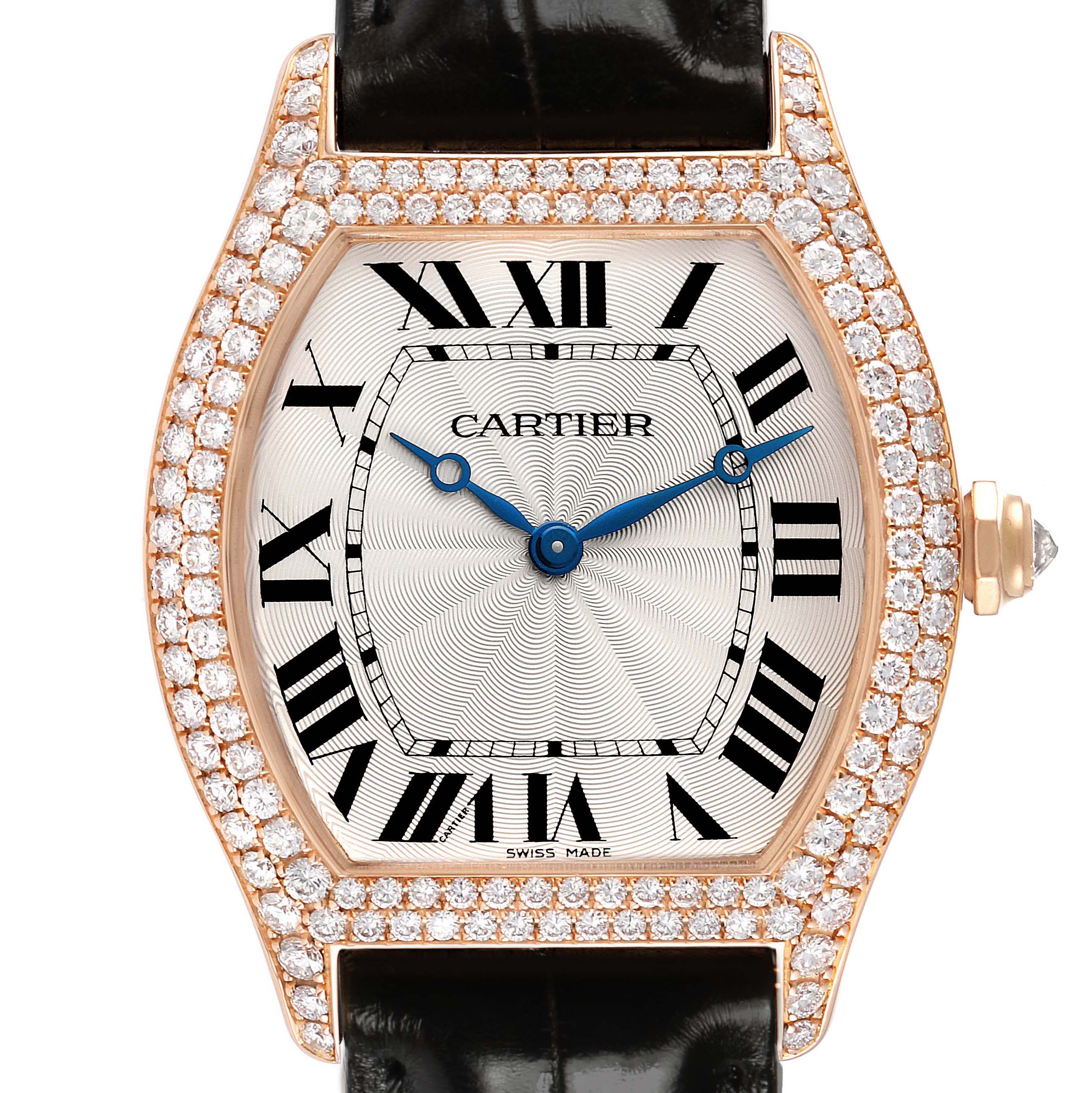 The Cartier Tortue WA503751 Women's Rose Gold Silver Dial watch is shown from the front, displaying the full face, Roman numerals, and diamond-encrusted bezel.