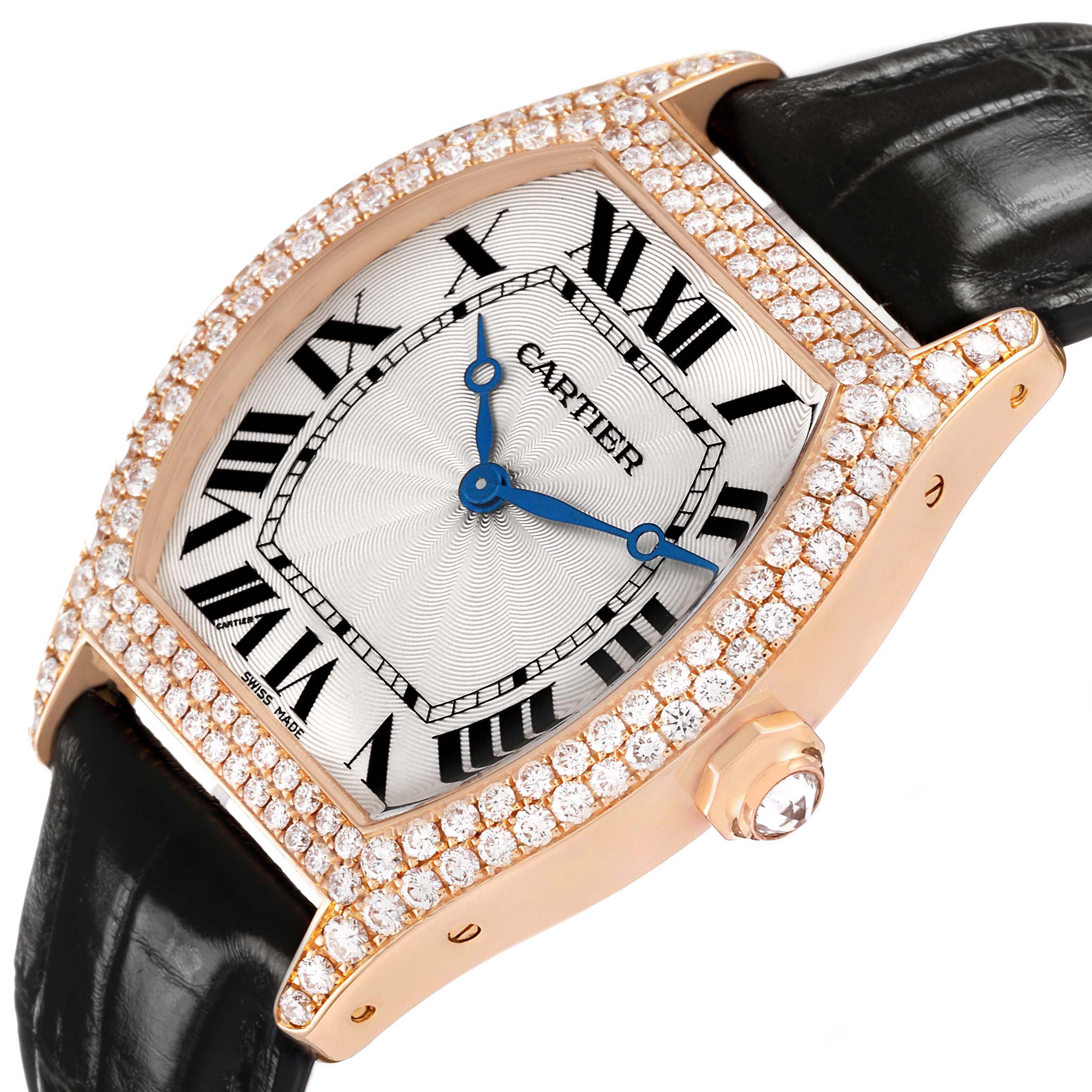 The Cartier Tortue WA503751 Women's Rose Gold Silver Dial watch is shown from an angled front view displaying the diamond-encrusted bezel, dial, and part of the leather strap.