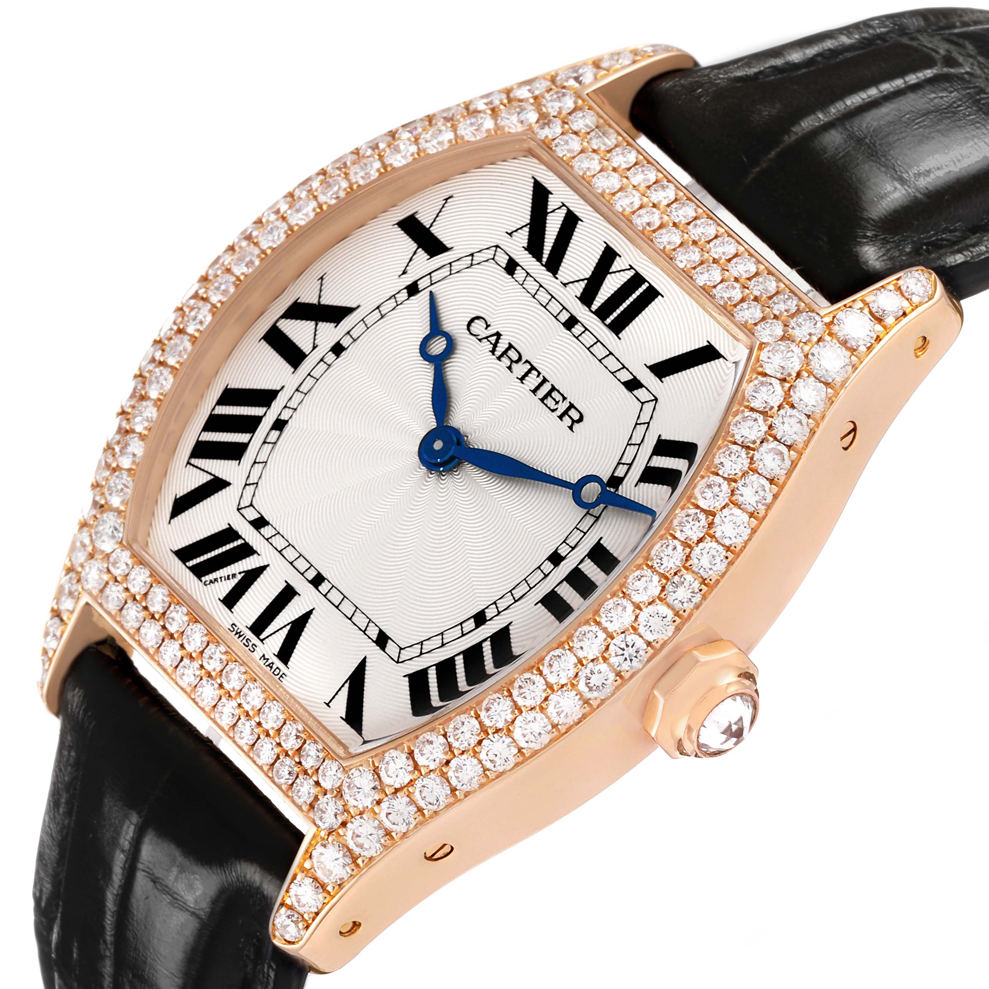 The Cartier Tortue WA503751 Women's Rose Gold Silver Dial watch is shown at an angled view, highlighting its diamond-encrusted case and Roman numeral dial.