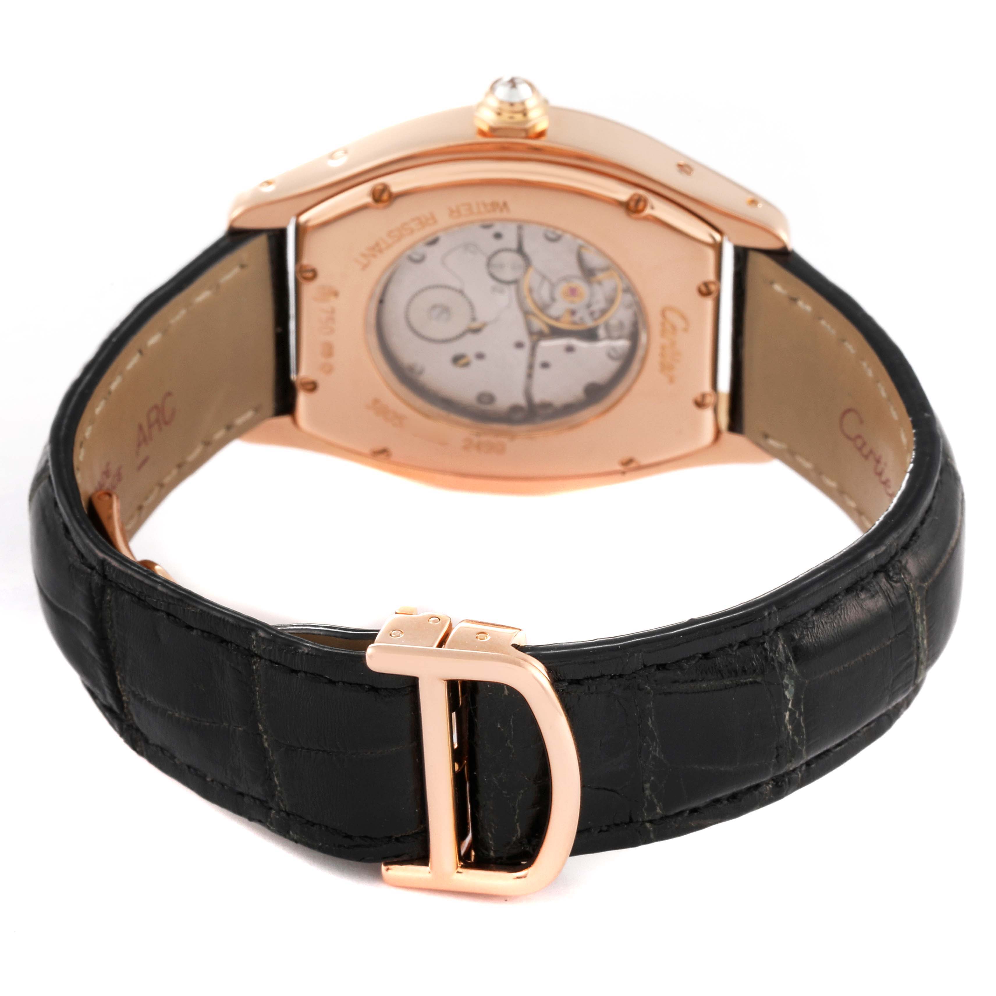 The image shows the back view and strap of a Cartier Tortue WA503751 Women's Rose Gold Silver Dial WA503751 Women's Rose Gold Silver Dial watch, highlighting the movement and deployment clasp.