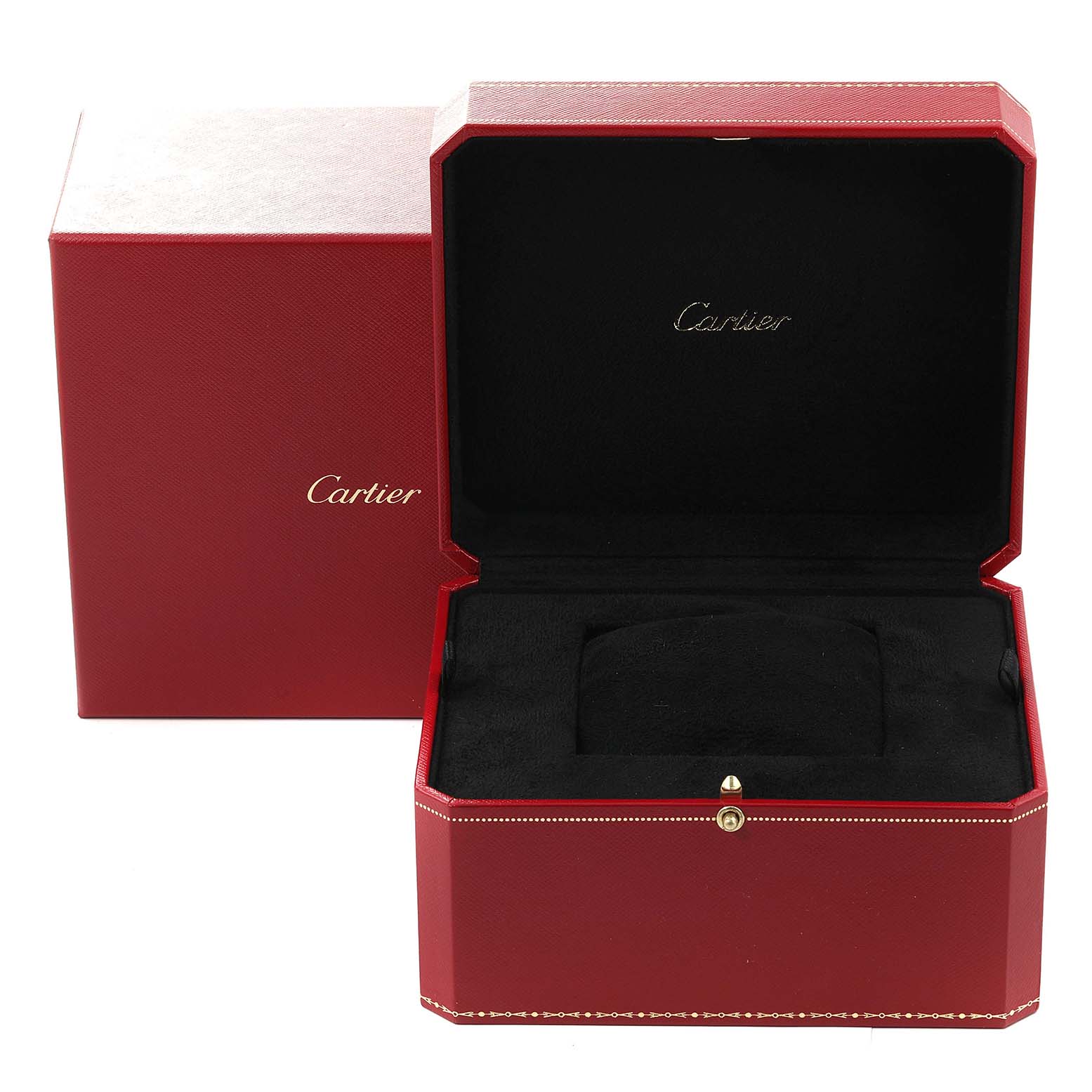 The image shows a Cartier Tortue WA503751 Women's Rose Gold Silver Dial watch box, opened, with a red exterior and black interior.