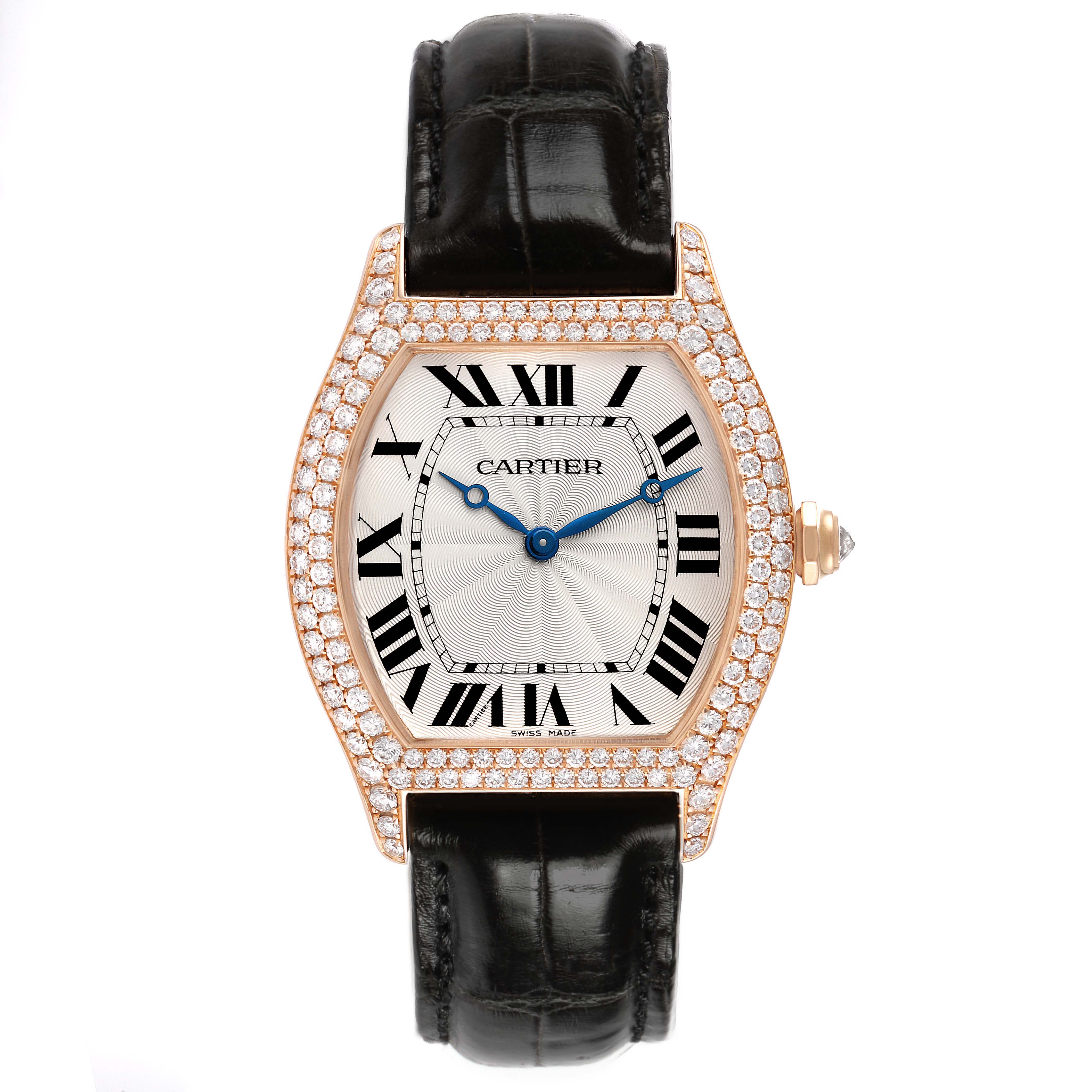 The Cartier Tortue WA503751 Women's Rose Gold Silver Dial watch is shown from a top-down angle, highlighting its diamond bezel and leather strap.
