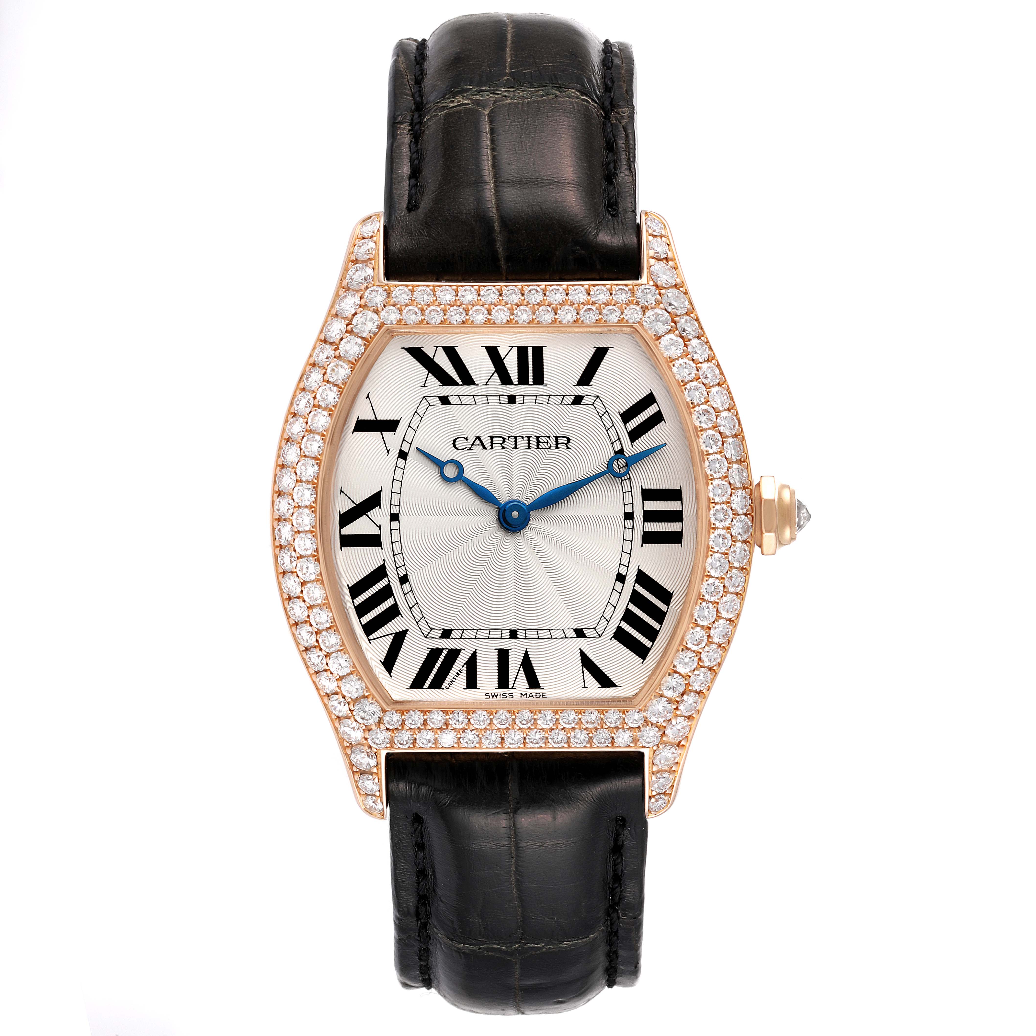 The image shows a front view of a Cartier Tortue WA503751 Women's Rose Gold Silver Dial WA503751 Women's Rose Gold Silver Dial watch with a black leather strap and a diamond-encrusted bezel.