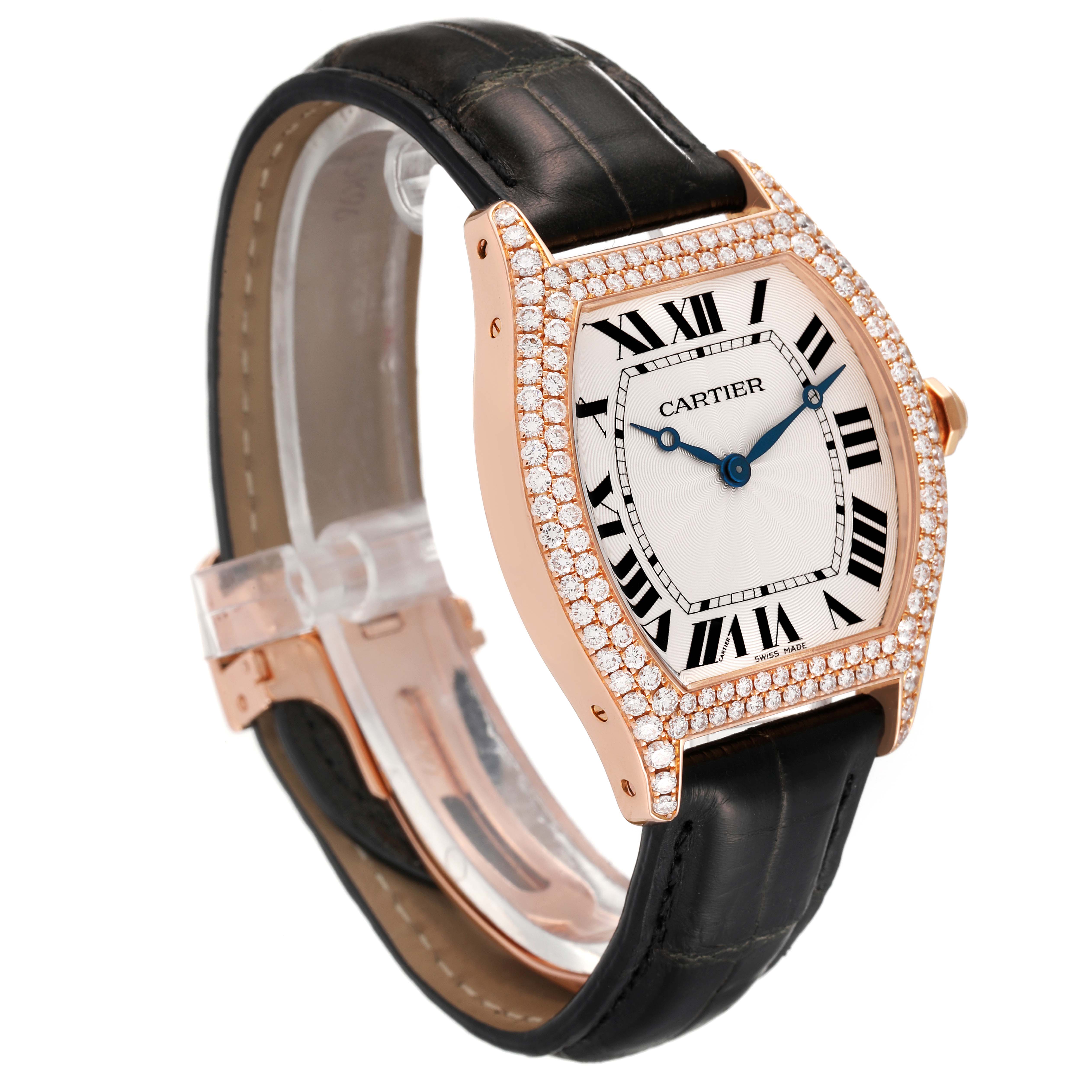 This Cartier Tortue WA503751 Women's Rose Gold Silver Dial WA503751 Women's Rose Gold Silver Dial watch is shown at a 3/4 angle, highlighting the face, diamond bezel, and black leather strap.
