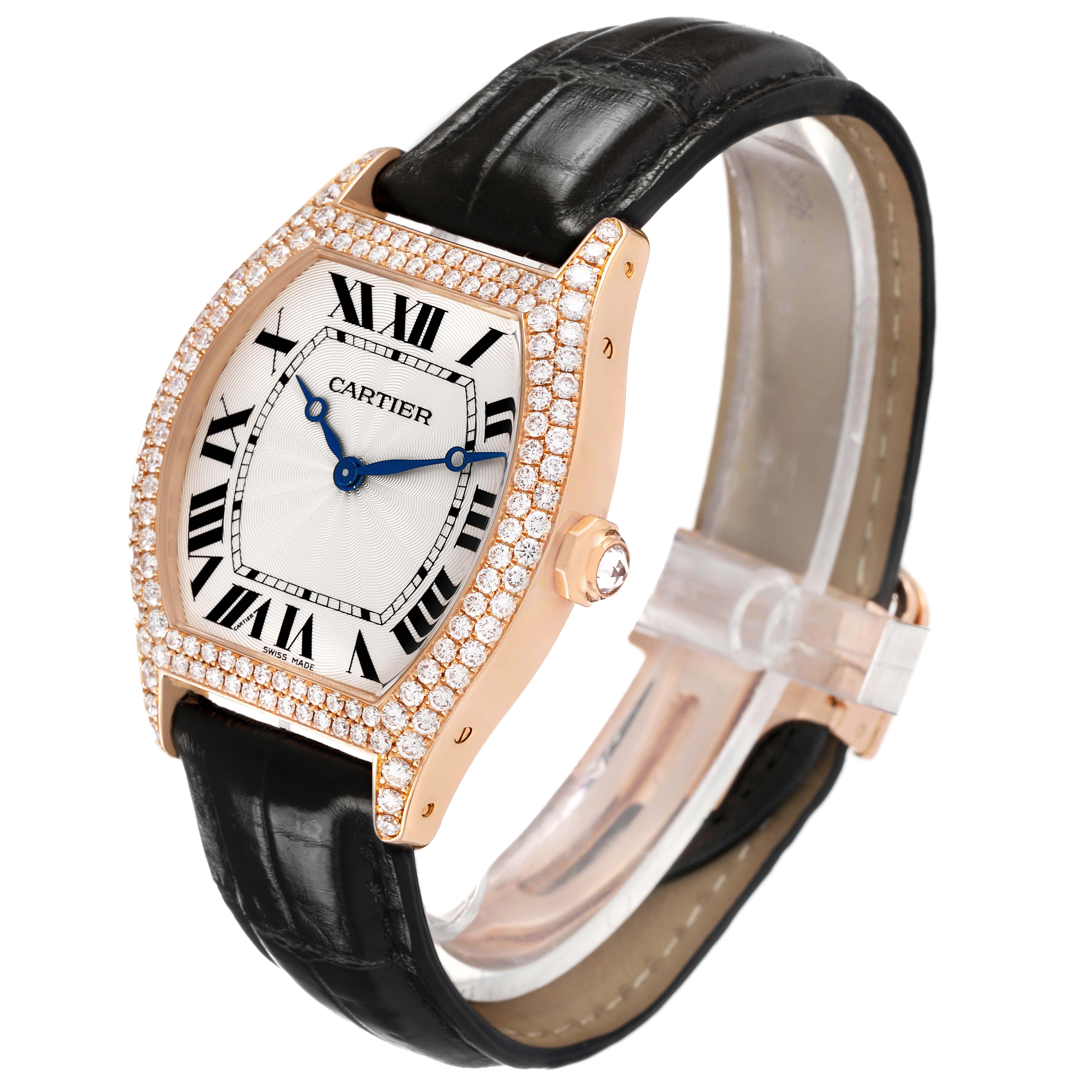 The Cartier Tortue WA503751 Women's Rose Gold Silver Dial watch is shown at a three-quarter angle, highlighting the face, bezel, and leather strap.