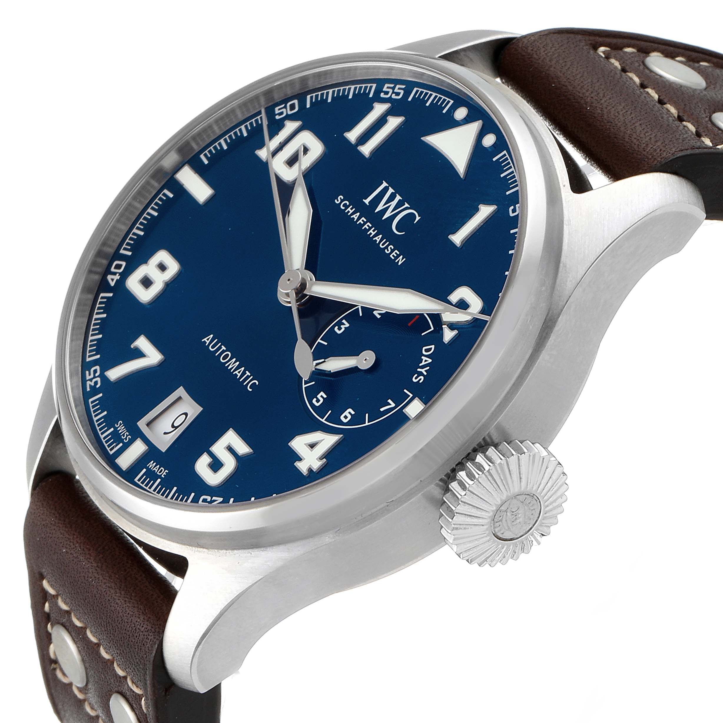 The image shows an angled view of an IWC Pilot IW500908 Men's Stainless Steel Blue Dial IW500908 Men's Stainless Steel Blue Dial watch, highlighting the dial, crown, and leather strap.