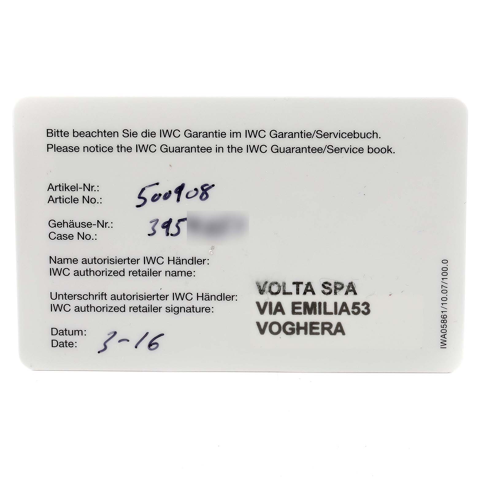 This is an IWC Pilot IW500908 Men's Stainless Steel Blue Dial IW500908 Men's Stainless Steel Blue Dial model warranty card, showing the article number, case number, retailer name, signature, and date.